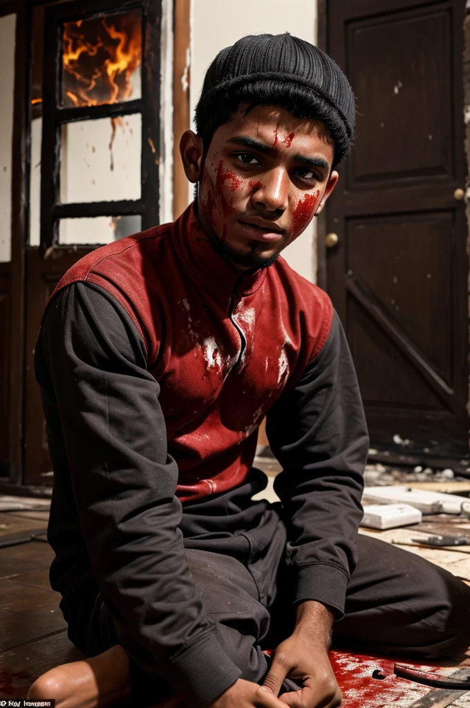 A muslim boy sitting in the house
The house was burning and his face on blood
And he whipping