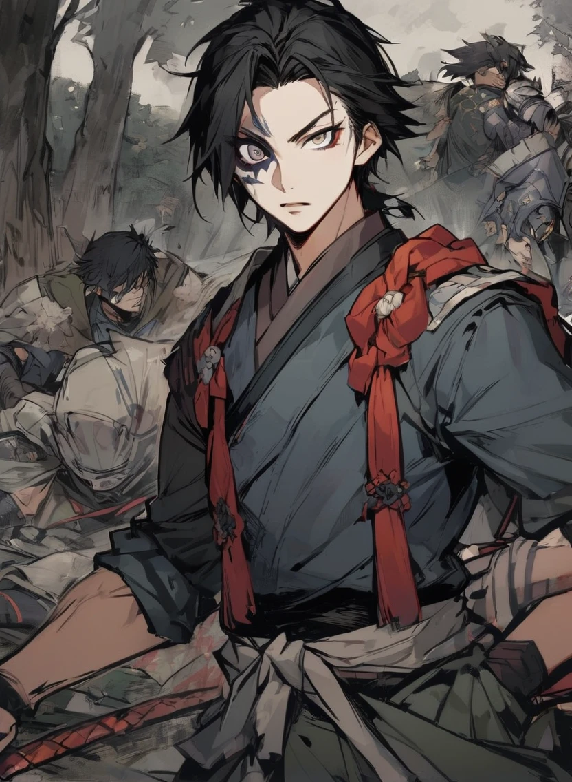 young man ,Male Dark, dark Woods,Red & Black colors, odd eye, samurai dnd, pirate background