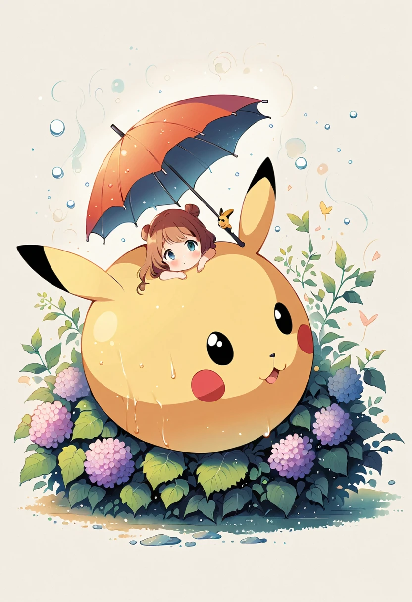 ((anime:1.4,illustration)),(masterpiece, top quality, best quality),(ultra-detailed, absolutely resolution),((16k, high res)),

(((A sphere made of hydrangeas, Pikachu standing on it with umbrella, rain, light blue background))

((cozy lofi illustration:1.4)), ((anime:1.4, illustration)),(masterpiece, top quality, best quality),(ultra-detailed, absolutely resolution),((16k, high res)) BREAK {lofi art, style of Laurie Greasley, style of Makoto Shinkai, anime aesthetic}, BREAK { (produces images with information than 40 million pixels with cinematic-like detailed textures shot on a Sony SLR).}