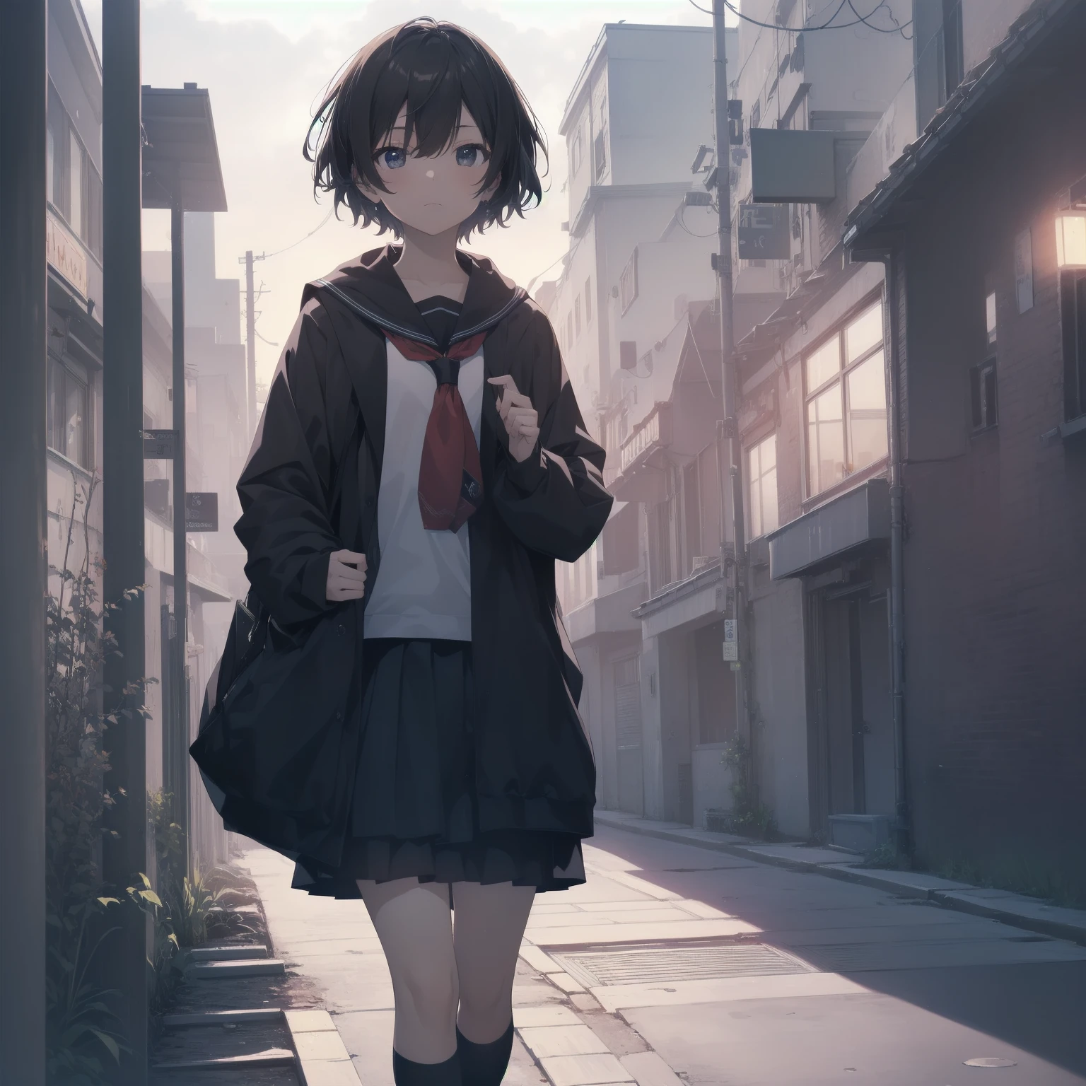 ultra-absurdres-Top quality by artist God, ultra-detailed, high resolution, anime moe artstyle, best anime 8k konachan wallpaper, pixiv contest winner, pool:2810, perfect anatomy,break, 1girl, (Please draw a girl walking sleepily to school alone. )break,(Solo,little female, 13-year-old:1.3),Full limbs, complete fingers,a junior high school student, (very short hair), short cut, flat chest, , small butt, small black eyes, beautiful detailed eyes, well-proportioned iris and pupils, expressive eyes, highres detailed hair, soft expression, salor school_uniform, sailor collar, serahuku, bow, pleated skirt,(Detailed Lighting), (Detailed background), in the School commute route. break,super detailed skin, Best cinematic lighting powered by famous artist, 8k,beauty illustration,photoshop_(medium),very aesthetic,break,((artist:takafumi )), artist:clamp ,artist:carnelian ,artist:kantoku ,