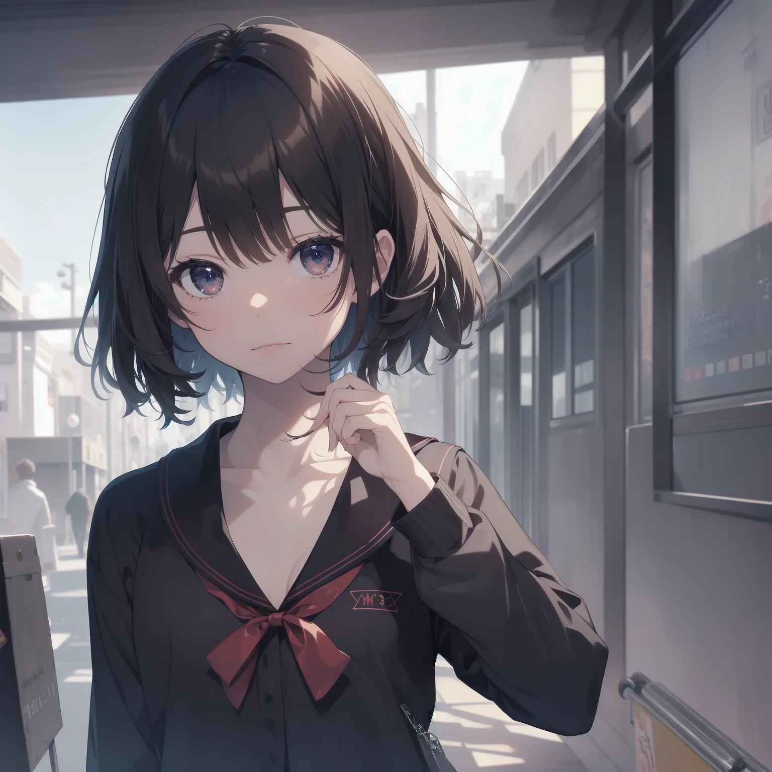 ultra-absurdres-Top quality by artist God, ultra-detailed, high resolution, anime moe artstyle, best anime 8k konachan wallpaper, pixiv contest winner, pool:2810, perfect anatomy,break, 1girl, (Please draw a girl walking sleepily to school alone. )break,(Solo,little female, 13-year-old:1.3),Full limbs, complete fingers,a junior high school student, (very short hair), short cut, flat chest, , small butt, small black eyes, beautiful detailed eyes, well-proportioned iris and pupils, expressive eyes, highres detailed hair, soft expression, salor school_uniform, sailor collar, serahuku, bow, pleated skirt,(Detailed Lighting), (Detailed background), in the School commute route. break,super detailed skin, Best cinematic lighting powered by famous artist, 8k,beauty illustration,photoshop_(medium),very aesthetic,break,((artist:takafumi )), artist:clamp ,artist:carnelian ,artist:kantoku ,