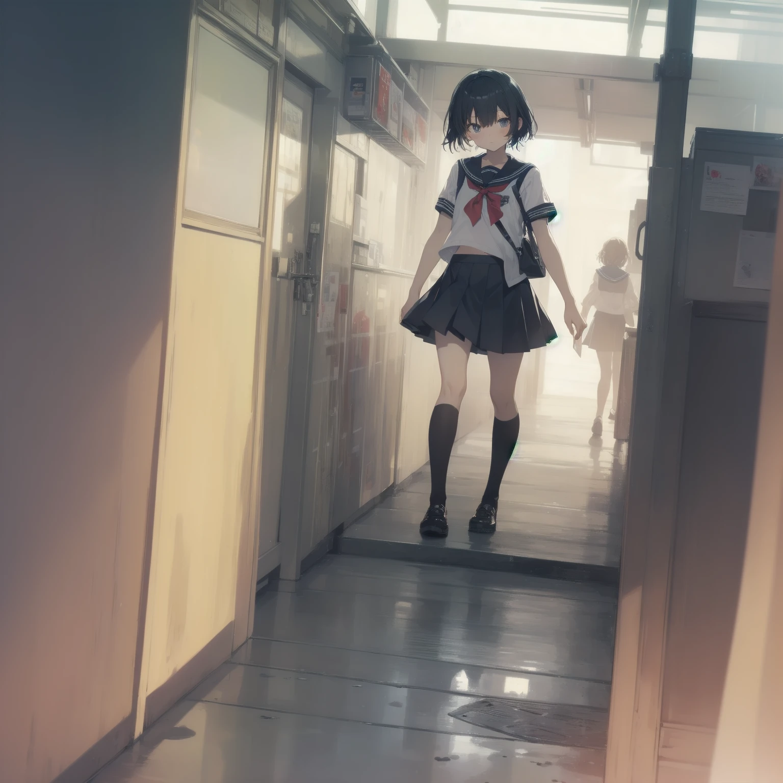 ultra-absurdres-Top quality by artist God, ultra-detailed, high resolution, anime moe artstyle, best anime 8k konachan wallpaper, pixiv contest winner, pool:2810, perfect anatomy,break, 1girl, (Please draw a girl walking sleepily to school alone. )break,(Solo,little female, 13-year-old:1.3),Full limbs, complete fingers,a junior high school student, (very short hair), short cut, flat chest, , small butt, small black eyes, beautiful detailed eyes, well-proportioned iris and pupils, expressive eyes, highres detailed hair, soft expression, salor school_uniform, sailor collar, serahuku, bow, pleated skirt,(Detailed Lighting), (Detailed background), in the School commute route. break,super detailed skin, Best cinematic lighting powered by famous artist, 8k,beauty illustration,photoshop_(medium),very aesthetic,break,((artist:takafumi )), artist:clamp ,artist:carnelian ,artist:kantoku ,
