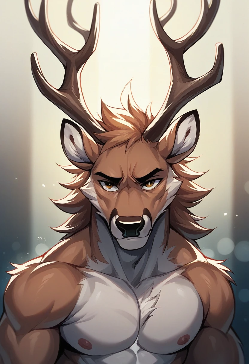 blend of a human and a deer—a character resembling a muscular stag with imposing antlers. Its intense expression suggests a powerful presence. The setting appears to be an indoor arena, with blurred lights and structures in the background. Overall, this imaginative fusion of human and animal features creates a striking visual. 🦌💪🌟