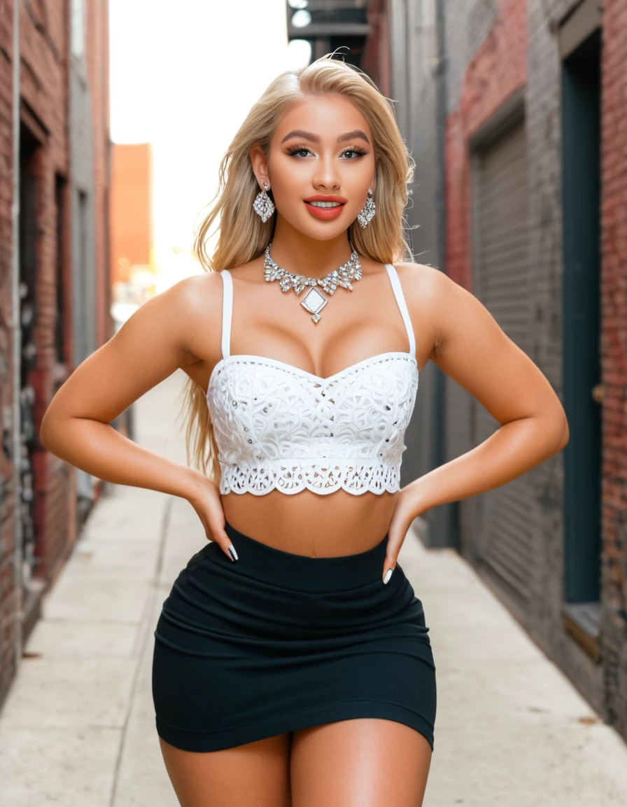 (best quality,4k,highres, highres face details), blonde long curvy hair, 18 years old, instagram model, 36DD fake breast, fake lashes, fake lips, dark makeup, perfect skin, dark tan skin, she is skinny, she is caucasian,she is wearing a short skin tight skirt and a lace crop top,  pierce belly button, diamond belly piercing, gold necklace, diamond earring, diamond ring, whole body image, downtown, alley full of artistic grafiti, taking a pose, posing,random pose, she is taking random poses, sexy positions, sexual position, seductive poses no exposed breast, no exposed vagina, golden hour, cute smile, view from behind, back shot, perfect angle