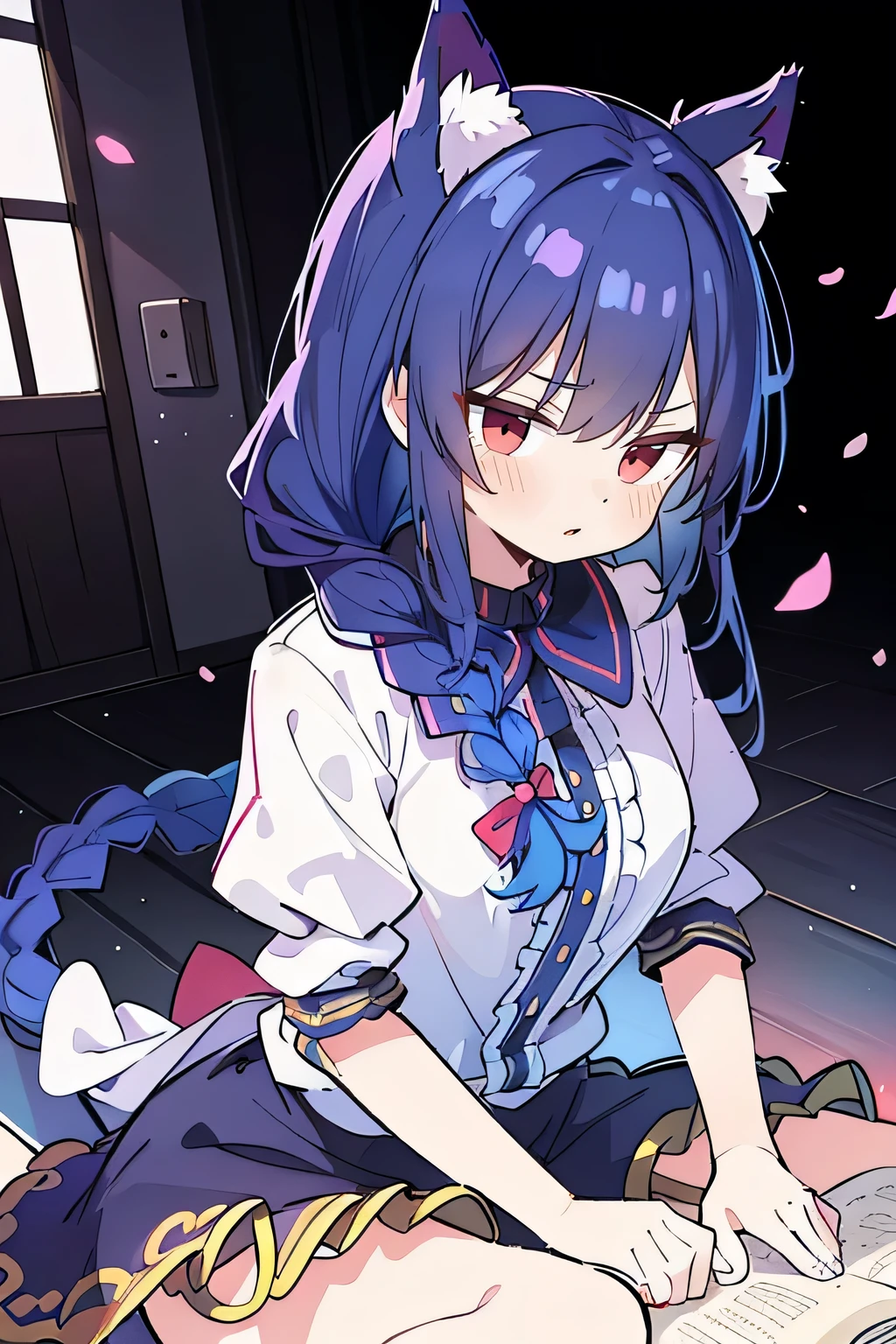 (masterpiece:1.2),Super detailed,lifelike,Expressive eyes,fair skin,perfect face shape,1 girl,
Japanese comics,Gorgeous blue hair,flowing blue hair,flowing clothes,Cat ears,Petals fall,beautiful lola,Baby Angel,
Shaking head with one hand,Cross your legs,Gentle and peaceful background,The pavilion is cool and comfortable,smile, wearing hoodie, background of tokyo,back views,snowing, winter,lie on the water.(Best Quality: 1.3), (Masterpiece: 1.3), (Illustration: 1.3), (Ultra Detailed: 1.3), (Imide Lens: 0.9), 1girl, Medium Breasts, Purple Eyes, ((Dark Blue Hair) ), hair accessories, young, clothing-gladiia, long hair, dark blue hair, indoors, black shorts, high socks, low ponytail, expressionless, upper body, close-up, coat, skirt,fgo style,like \(destiny\), like Adult, hair length, underwear, masterpiece, Top quality, 1 Girl, looking at the audience,(((braid)))、shameful face、Embarrassed face、Long body、huge 、