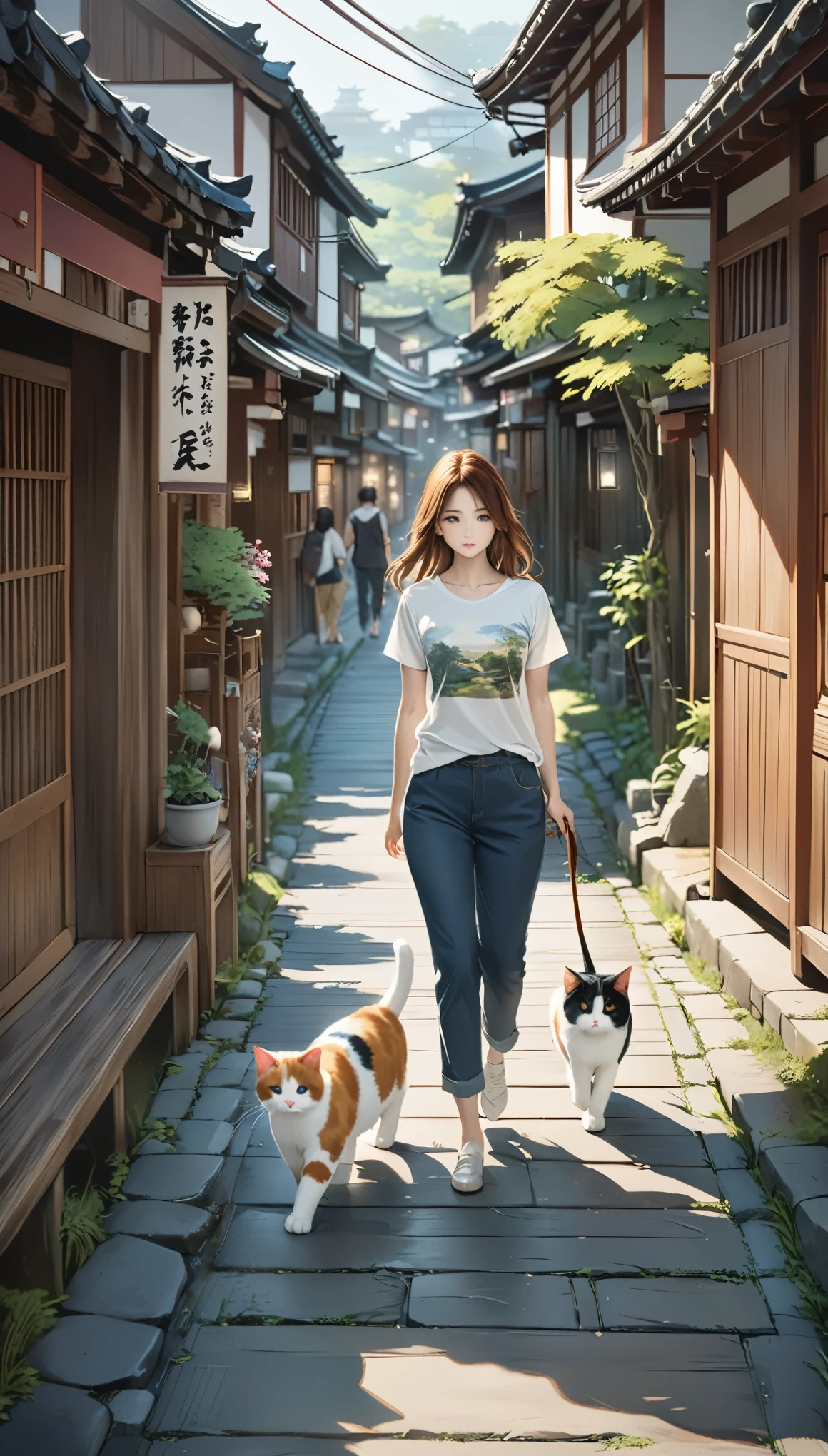 Highest quality、masterpiece、Girl and calico cat、pretty girl、Calico cat walking with a girl、Girl and calico cat、Very realistic cat、Detailed depiction of a cat、Highly detailed cat hair、 walking on a promenade、printingＴshirt、3/4 length pants、Old townscape of Japan、Green Road、another world、Creating Silence、