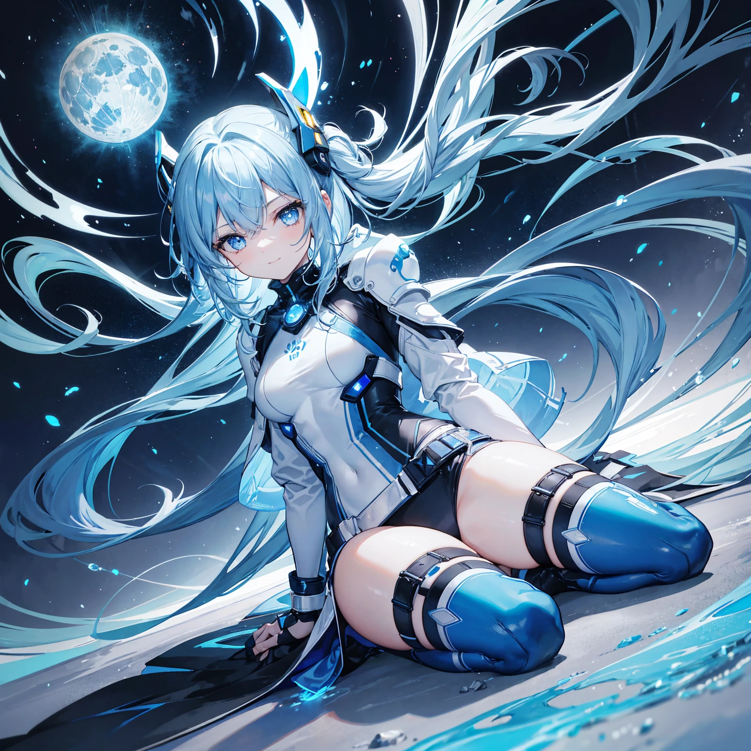 8K, Highest quality, (real:1.4), Original photo, 1 girl, Asari Hair, Biological Amplifier, Very sleek and futuristic armor, posture: Peace talks between warring factions,,attention arousal, smart blue eyes,A modest smile,Knee-high boots,Blue big moon and blue light swirl in the background,Blue light from behind,blue light magic,A small, glowing blue ball in the palm of your hand,Blue flame swirl