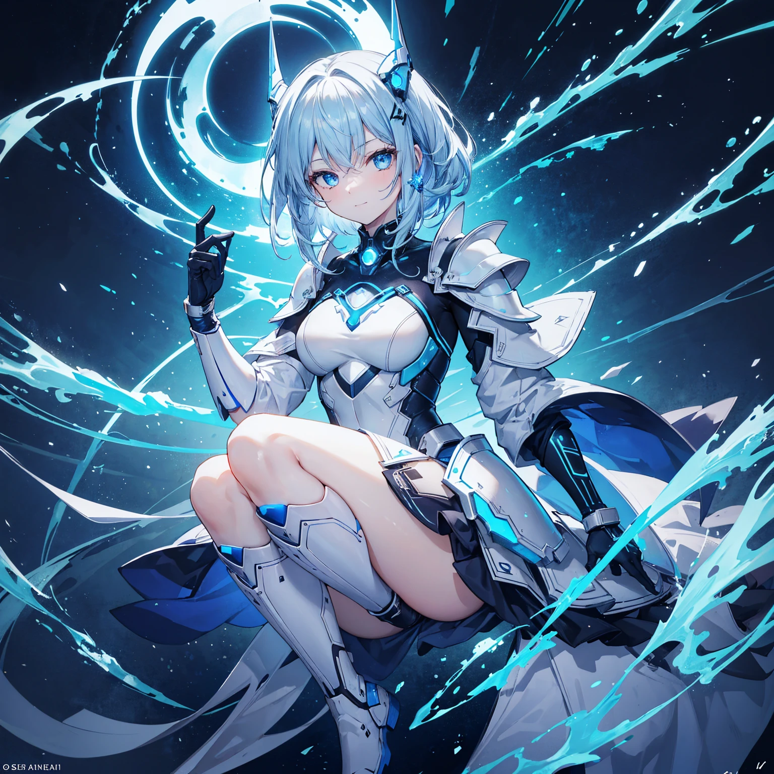 8K, Highest quality, (real:1.4), Original photo, 1 girl, Asari Hair, Biological Amplifier, Very sleek and futuristic armor, posture: Peace talks between warring factions,,attention arousal, smart blue eyes,A modest smile,Knee-high boots,Blue big moon and blue light swirl in the background,Blue light from behind,blue light magic,A small, glowing blue ball in the palm of your hand,Blue flame swirl
