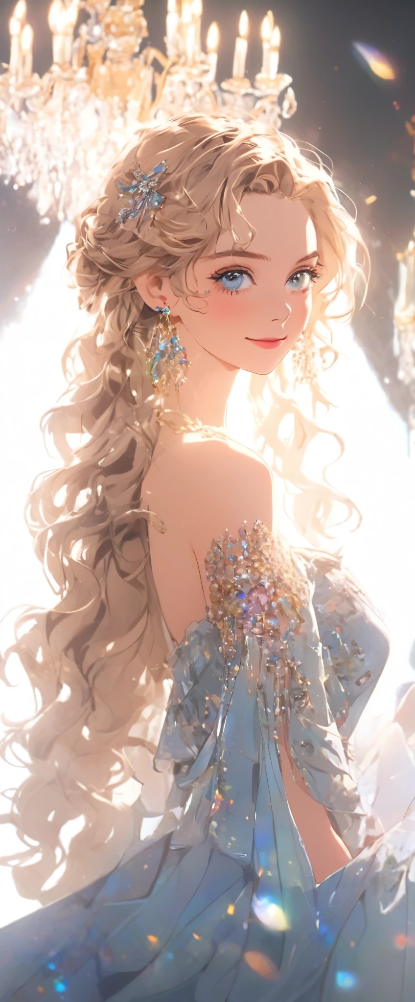 1lady\(elegant,smiling softly,young,big breast,white skin, illuminated blue eyes,very long hair,blonde,elegant hair style,(wearing makeup), beautiful accessories, holding champagne glass\(beautiful,carbonated bubbles shining\),(full body:1.7)\) is wearing beautiful trendy evening dress at elegant dinner party\(many dressed up people,inside chalk palace,big beautiful chandelier\), BREAK ,evening dress\((double exposure\(beautiful galaxy,beautiful nebula,colorful beautiful stars\):1.4),\), BREAK ,quality\(8k,wallpaper of extremely detailed CG unit, ​masterpiece,hight resolution,top-quality,top-quality real texture skin,hyper realisitic,increase the resolution,RAW photos,best qualtiy,highly detailed,the wallpaper,cinematic lighting,ray trace,golden ratio\),anime style,dynamic angle,(full body),(long shot:1.5)