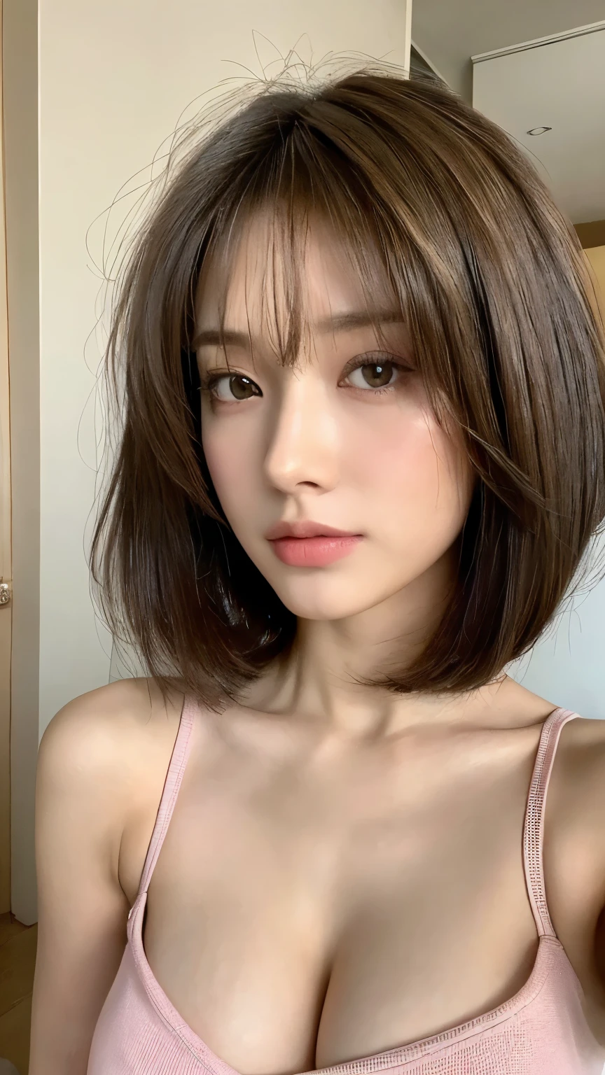 (real, High resolution:1.3), One girl with a perfect body, Very beautiful face and eyes,Long Hair, Random color tank top:1.2, Short jeans, Big Breasts,Exposing cleavage, In the bedroom, ((Highest quality, 8K, masterpiece: 1.3)), Sharp focus: 1.2, Beautiful woman with perfect body: 1.4, Slim abdomen: 1.2, ((Layered Haircut, Large Breasts: 1.2)), (No bra) (Small beautiful hard nipples),Highly detailed face and skin texture, Fine grain, double eyelid, High-quality fabric, Beautiful and polite face,sexy,Exposed shoulders, Overflowing breasts,Big Breasts:2.0,,Breasts spilling out of clothes