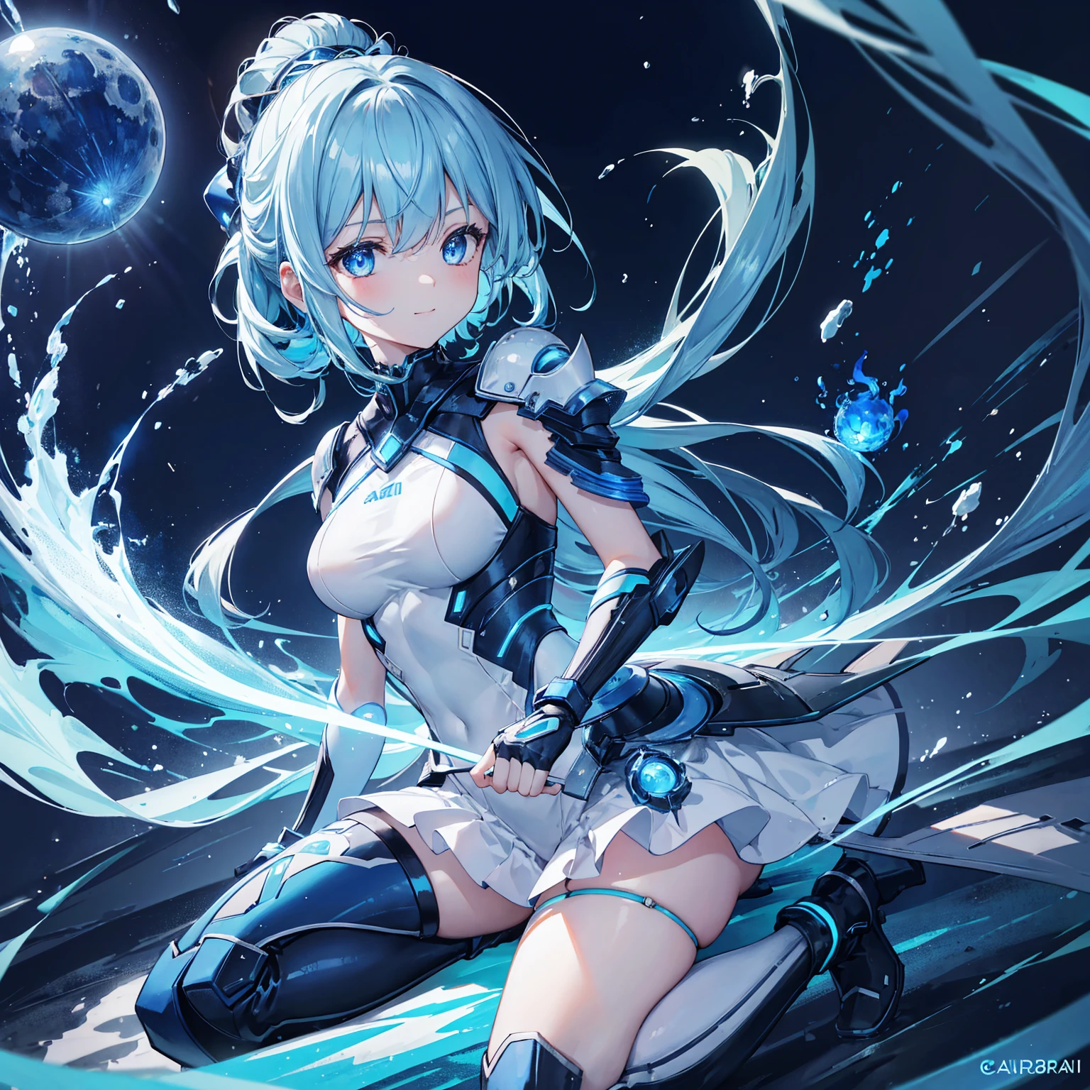 8K, Highest quality, (real:1.4), Original photo, 1 girl, Asari Hair, Biological Amplifier, Very sleek and futuristic armor, posture: Peace talks between warring factions,,attention arousal, smart blue eyes,A modest smile,Knee-high boots,Blue big moon and blue light swirl in the background,Blue light from behind,blue light magic,A small, glowing blue ball in the palm of your hand,Blue flame swirl