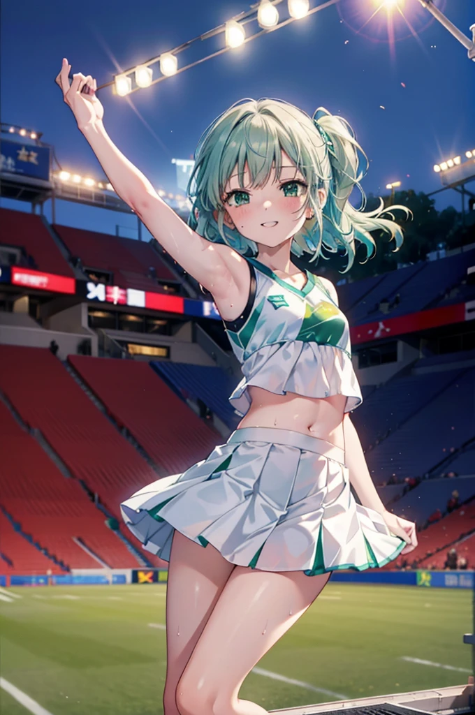 index, index,Silver Hair, (Green Eyes:1.5),Long Hair, (Flat Chest:1.2),Grin,tooth,Daytime,sunny,
,(cheer leading), (whole body), Lower, (Sweaty), Sweaty Wet Clothes, (White clothes),Sleeveless, Pleated skirt,Black socks,sneakers, Belly button support, playground, (Jump), (Jump), 足を曲げてJumpする, air, blue sky, Grass原, smile,Cheerleader, Pom-pom \(cheer leading\)have, Grass, smile, whole bodyがイラストに入るように,
break looking at viewer, whole body,(Cowboy Shot:1. 5) ,
break outdoors, Stadium,crowd, people々々々,A packed audience,
break (masterpiece:1.2), Highest quality, High resolution, unity 8k wallpaper, (shape:0.8), (Beautiful and beautiful eyes:1.6), Highly detailed face, Perfect lighting, Extremely detailed CG, (Perfect hands, Perfect Anatomy),