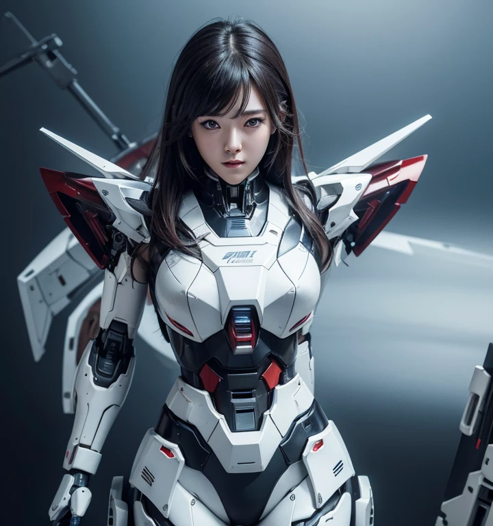 Textured skin, Super Detail, Attention to detail, high quality,high quality, High resolution, 1080p, hard disk, beautiful,(Gundam Aerial),Beautiful cyborg woman,Mecha Cyborg Girl,battle mode,Girl with a mechanical body,She wears a futuristic Gundam mecha,Full Body Shot