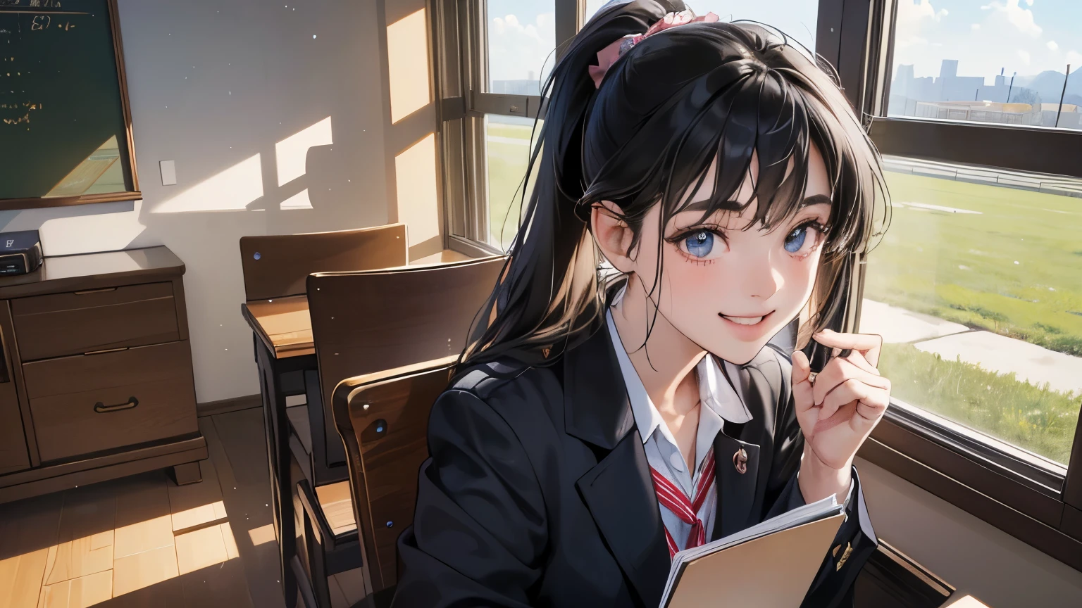 Anime girl with long black hair and blue eyes sitting in a classroom ...