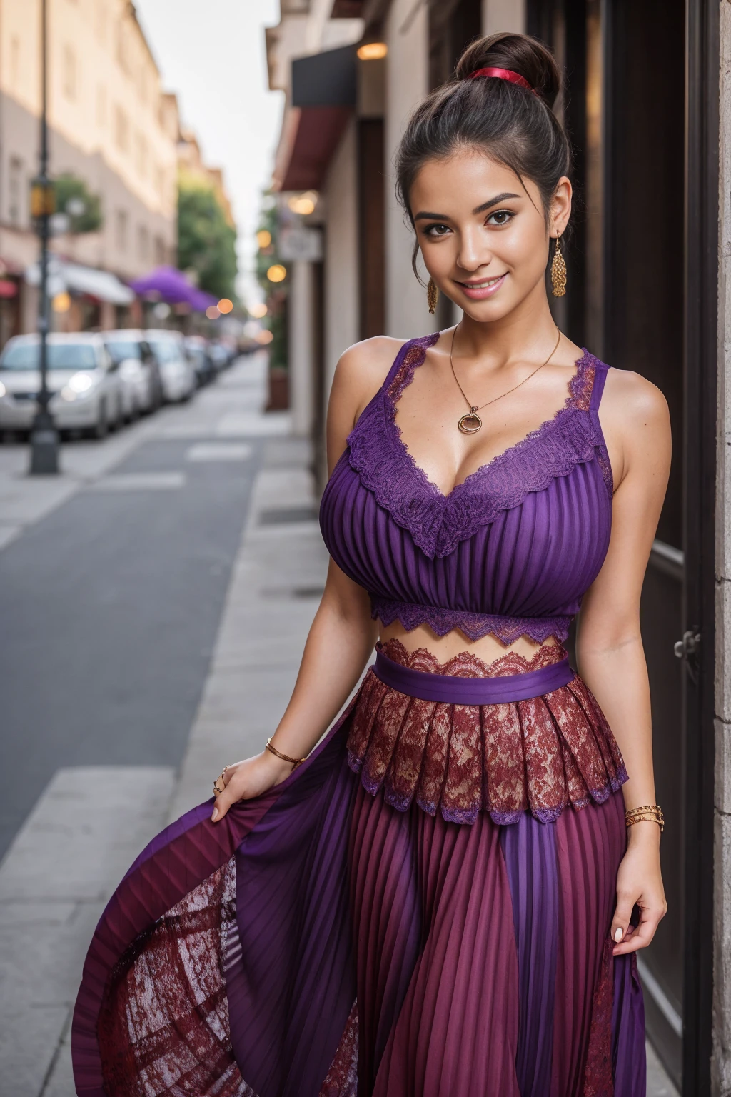 Half-length glamour portrait, nikon D850, f1.6 lens, 200mm, DSLR, 22 Megapixels, (((Neighborhood café scene))), shot of a stunning 20 years old portuguese girl, (smile:1.4), (wearing Purple Pleated maxi skirt with Dark red lace top:1.6), ((seductive pose)), hot girl, (((big natural breasts))), (((brown ponytail hair))), (small girl), symmetrical face, photorealistic, photography, (bright natural lighting), gorgeous, deep cleavage, (masterpiece), best quality, high resolution, extremely detailed, cinematic lighting, (((very narrow waist))), rich colors, hyper realistic, lifelike texture, ((jewelry)), (((She has beautiful hands and wears rings))), (bracelet), (necklace), (ankle chain), (nail polish) (earrings), Fuji Superia 200, 8k