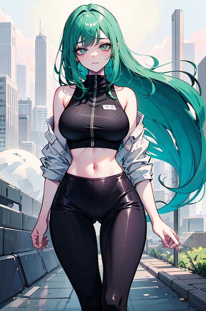 gorgeous girl, wide hips, narrow waist, medium breast, pretty face, glowing perfect skin, wearing letex leggings and white crop top, background of a intricately detailed aesthetic street that goes to a mountain, modern buildings in background, ultra high quality, intricately detailed, super detailed anime illustration, masterpiece, vibrant, complex detail, ghibili studio,