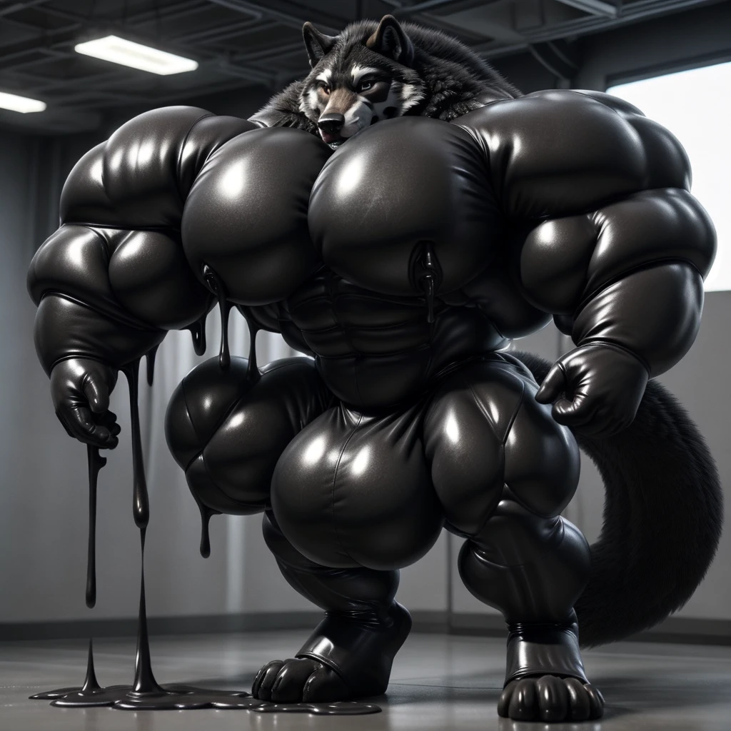 solo, male, , , , (hyper pecs:1.3), （long thick thighs:1.5）, standing, indoor,，(，,(,solo,very hyper muscles:1.3)((, Huge bulge：1.8))）（)), black glowing liquid，（((liquid_latex, , rubber:1.2)，,black latex，goo transformation，(gooey)()(l），unreal engine,perfect light，detailed, photorealistic, 4k, hd, , , , good anatomy, , (), ,, high quality, best quality, concept art, photorealistic,wolf