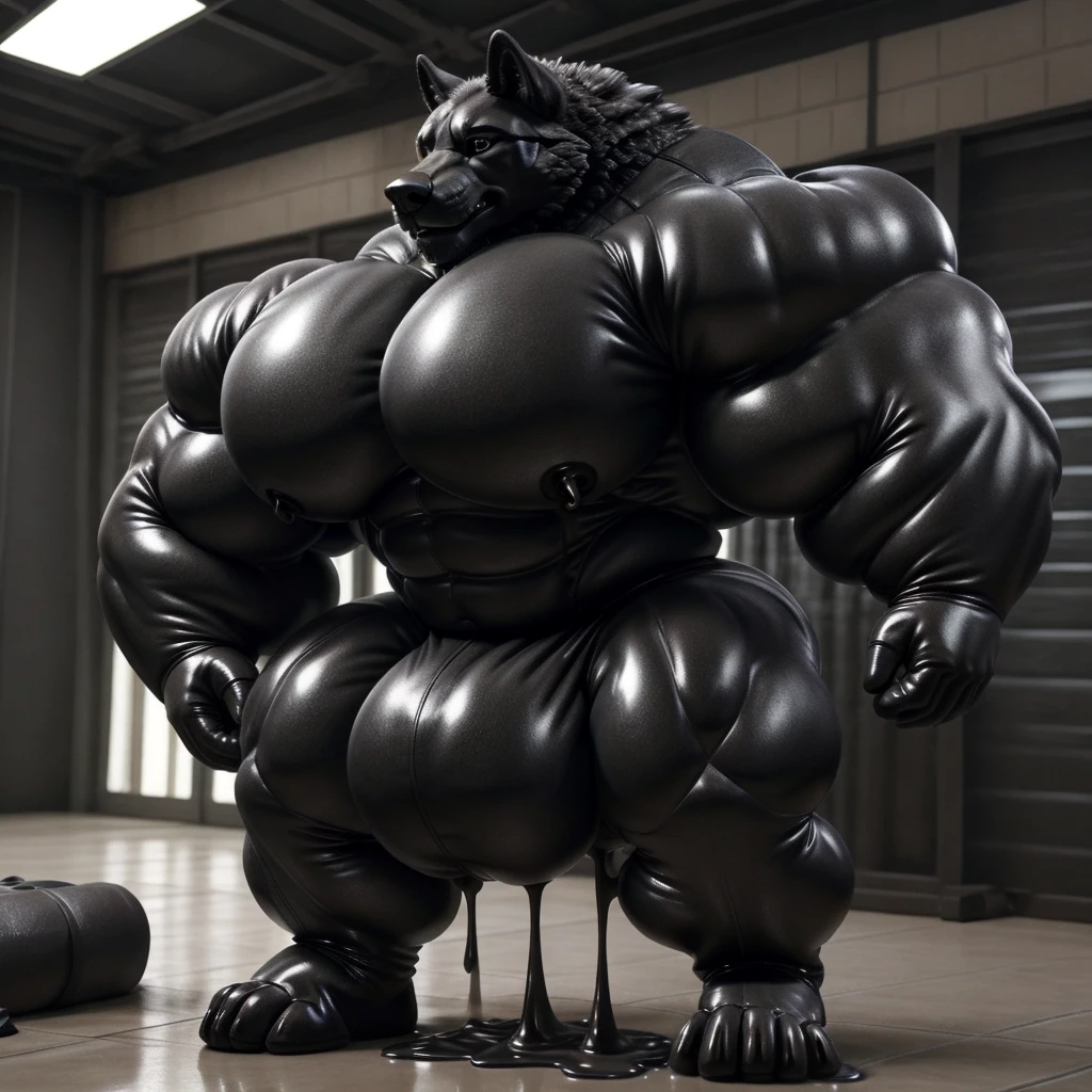 solo, male, , , , (hyper pecs:1.3), （long thick thighs:1.5）, standing, indoor,，(，,(,solo,very hyper muscles:1.3)((, Huge bulge：1.8))）（)), black glowing liquid，（((liquid_latex, , rubber:1.2)，,black latex，goo transformation，(gooey)()(l），unreal engine,perfect light，detailed, photorealistic, 4k, hd, , , , good anatomy, , (), ,, high quality, best quality, concept art, photorealistic,wolf