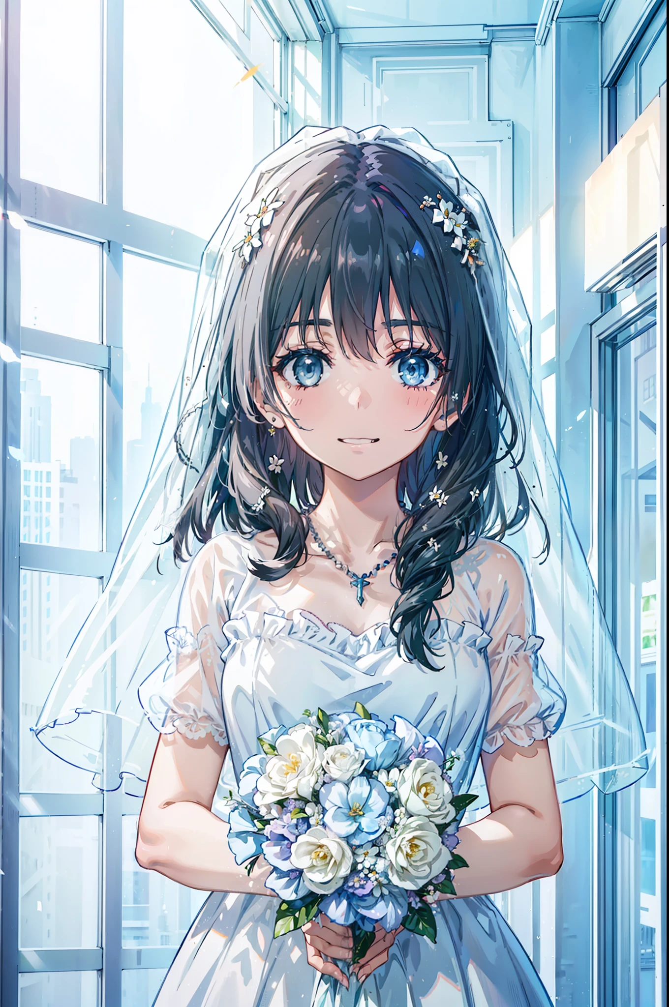 Okay, Saten Ruiko, Black Hair, blue eyes, Long Hair, hair ornaments, Floral decoration,Grin,smile,Veil,blush,Wedding dress,Off the shoulder,necklace,Wedding Skirts,Traveling with a large bouquet,Flower storm,
break indoor, Chapel,
break looking at viewer, Upper Body,whole body,(Cowboy Shot:1. 5) ,
break (masterpiece:1.2), Highest quality, High resolution, unity 8k wallpaper, (figure:0.8), (Beautiful attention to detail:1.6), Highly detailed face, Perfect lighting, Highly detailed CG, (Perfect hands, Perfect Anatomy),