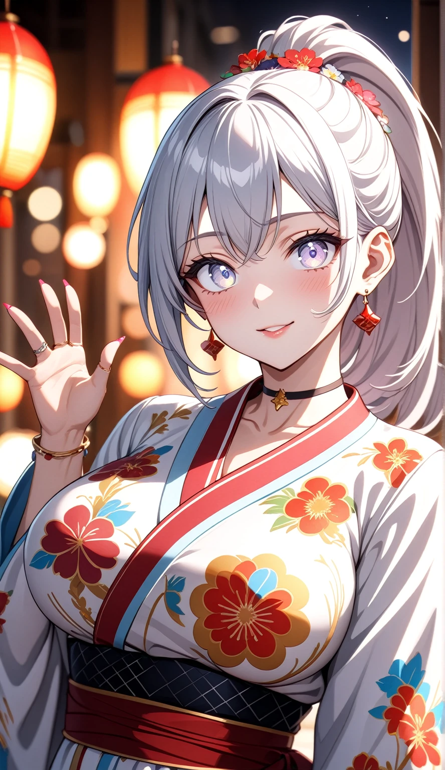 ((One personの女性)), Beautiful Face, ((waving at viewer:2.5)),Laughing embarrassedly,((Wink:1.8)),Laugh with your mouth wide open((Bright red cheeks:1.4)),Shiny red lips,night,rooftop,Festive decorations,You can see the ocean, firework,Laughing with your mouth open,Glossy pink lips,Lighting on the face,((Anime style background)),masterpiece, Highest quality, so beautiful,Latest, Complex details, (Pink long nails),(ring),(bracelet),(choker),AI-generated, Complex,High resolution, Highest quality, super high quality,3D Images、3D Images,One person,Long white hair,High Ponytail,(blue eyes),Anime woman posing for a photo, ((Fine grain、Silvery white colorful eyes、Shining Eyes:1.4)),(Squint your eyes:1.1),a hyperRealistic , hyperRealistic , Realistic,Anime woman with long and white hair, Smooth anime CG art, A woman in a colorful kimono with gold embroidery, (Black long sleeve kimono),Red floral pattern,Long flower hair ornament,Big earrings,Mature Body,(Big Breasts:1.1),Tall,Abdominal muscles,Narrow waist,(Zoom in on face:1.7),Shooting from below at an angle
