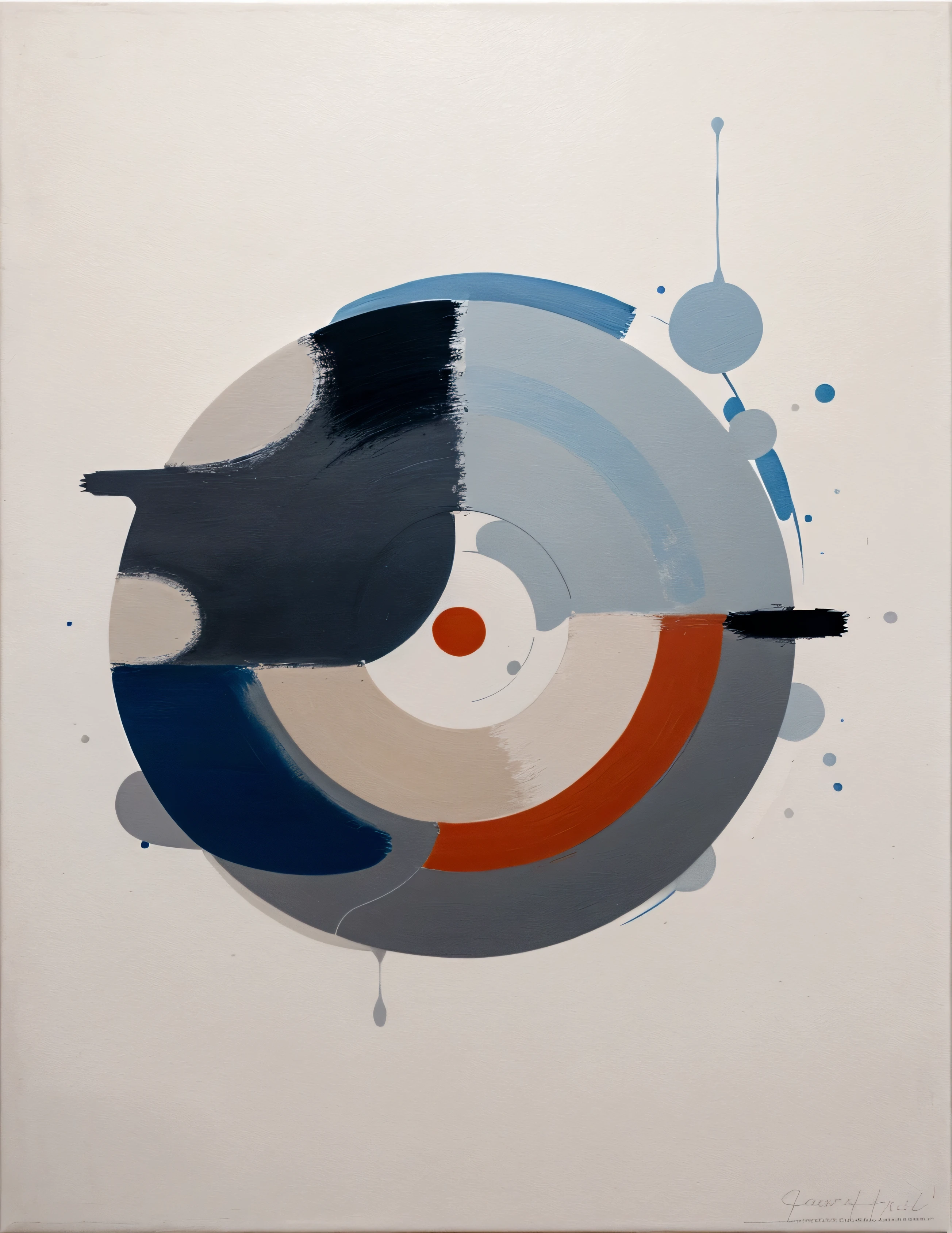 modern abstract painting, grey, blue, salmon color, Round asymmetrical abstract graphics, harmonious colors, major, high quality, Brushstrokes, balanced composition