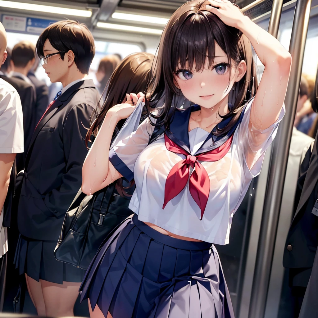 Browsing Caution、masterpiece、Idol、high school girl、Crowded train、Are standing、((whole body))、Hold the strap、Short skirt、((((脇Sweat))))、((((Body odor))))、(((Sweat)))((((Sweat染み))))、((hot))、(((Embarrassing)))、(((erotic)))photo of a jpn-girl, large breast,standing fabric seat in the train, (angle from belo:1.5), confident look, bewitching biggest smile, "Am I beautiful?",standing, (((short sleeve))),((((pit stains))))sweat,e233,(serafuku, skirt, Miniskirt, loafers, pleated skirt, sailor collar, school uniform),arm up, ((Discolored due to armpit sweat))