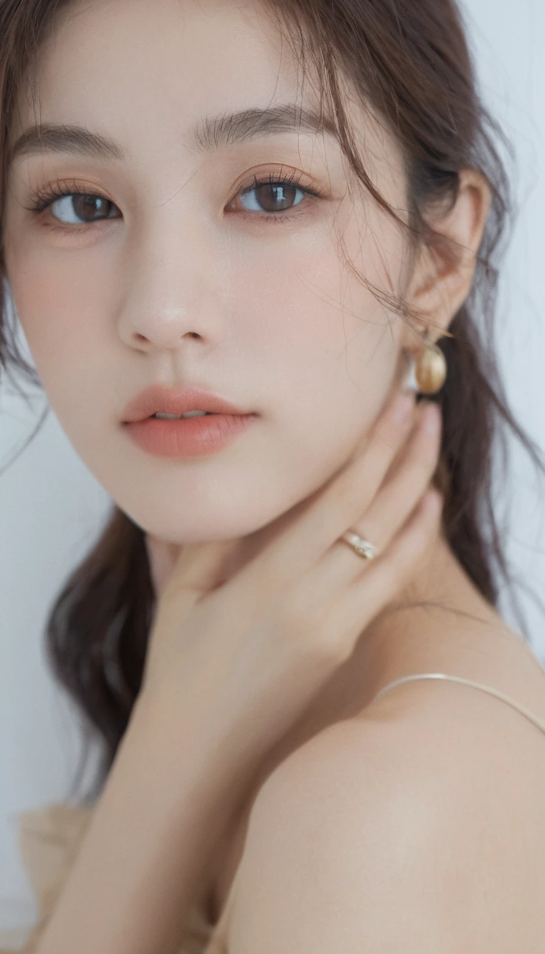 xxmixgirl, Analog Style, Eye focus, Highest quality, (Very detailed skin), Exquisitely beautiful white skin photos, 22 years old, Shortcuts、Perfect Face, Captivating eyes, (Seductive makeup: 1.3), Skin pores, (Bokeh:1.5), Sharp focus, Dappled Lighting, (Backlight), Film Grain, (Very detailed, Exquisitely crafted), 8K, High resolution, Front view, Studio Light, Very detailed顔, Fine grain, (double eyelid: 1.4), Aristogle, Brown eyes, (commercial: 1.6), (Seductive makeup), ((White studio background: 2))