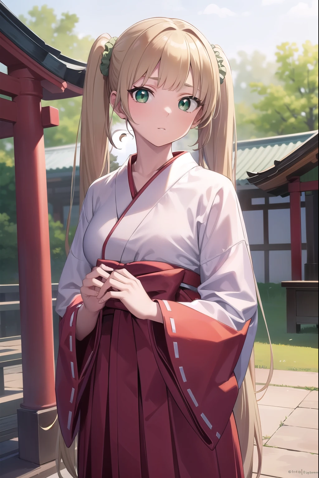 Blonde Hair, choker,(Green Eyes:1.5), Long Hair,twintails, low twintails, scrunchie, long hair,BREAK hakama, hakama skirt, japanese clothes, miko, red hakama, long sleeves,BREAK looking at viewer,BREAK outdoors, shrine,BREAK (masterpiece:1.2), best quality, high resolution, unity 8k wallpaper, (illustration:0.8), (beautiful detailed eyes:1.6), extremely detailed face, perfect lighting, extremely detailed CG, (perfect hands, perfect anatomy),