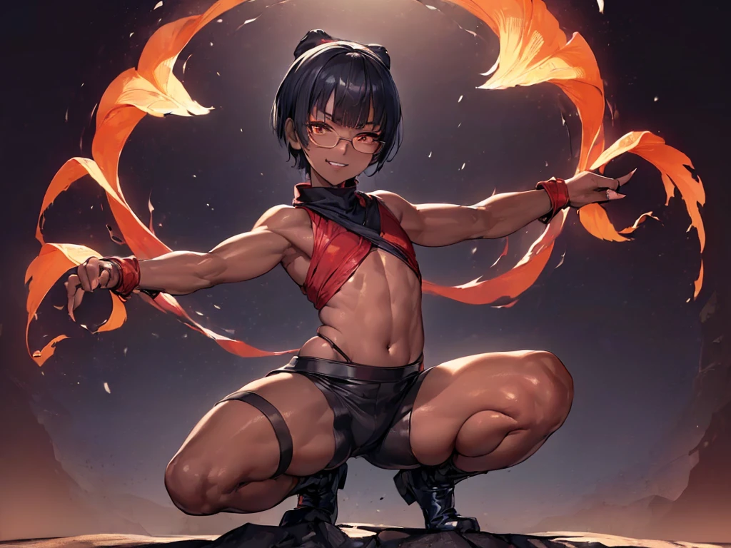 (flat chest), (masterpiece:1.2), highest quality, High resolution, unity 8k wallpaper, (fine and beautiful eyes:1.6), highly detailed face, perfect lighting, Detailed CG, (perfect hands, perfect anatomy), ( Boy with four arms solo:1.4), 20 years old, (black hair:1.3), extremely beautiful detailfeminine face and eyes, (evil smile:1.4), detailed eyes, best quality,(very dark skin:1.8), (turtleneck shirt under yukata:1.2), (bike shorts:1.2), extremely detailed, very precise detailed, (glasses:1.3), blunt bangs, open mouth, (very short pixie cut:1.2), boots,(fingerless gloves:1.2), smile, half closed eyes,long sidelocks,(long red Scarf),(yukata),(squatting),(acrobat pose:1.3),(squat:1.3),(one knee dwon:1.5),(put one foot in front:1.3) ,(index fingers up:1.7),(own hands clasped:1.7), spread legs,(arms up:1.5),(4 arms:1.8),
