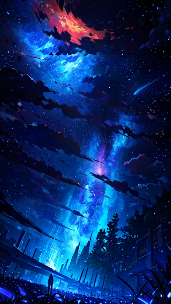expansive landscape photography, (a view from below showing the sky above and the open field below), a boy standing in a field of flowers looking up, (full moon: 1.2), (shooting stars: 0.9), (nebula: 1.3), distant mountain, tree BREAK production art, (hot light source: 1.2), (Firefly: 1.2), lamp, very purple and orange, complex details, volumetric lighting BREAK (masterpiece: 1.2), (best quality), 4k, ultra-detailed, (dynamic composition: 1.4), highly detailed color details (iridescent colors: 1.2), (bright lighting, atmospheric lighting), dreamy, magical, (solo: 1.2)