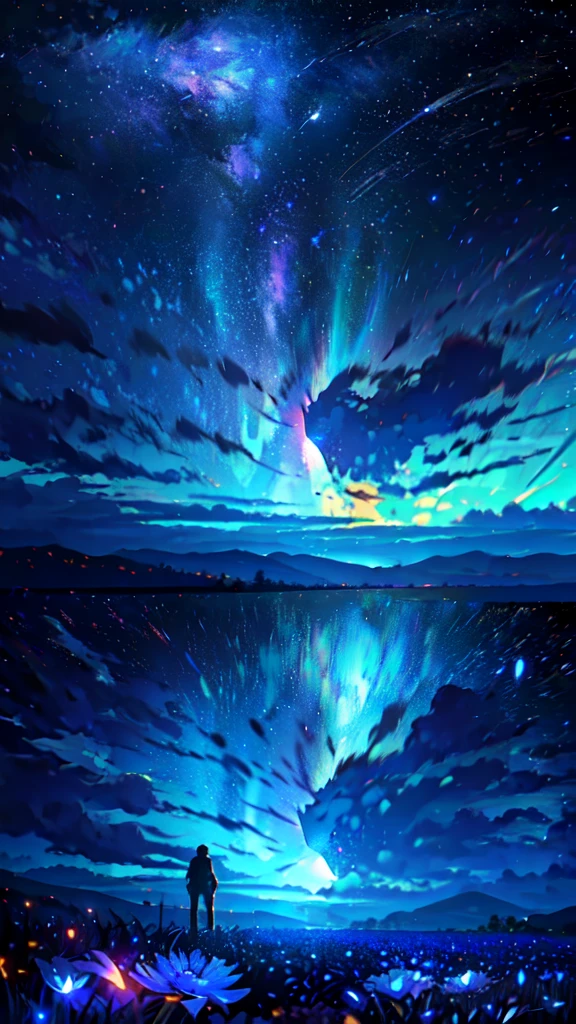 expansive landscape photography, (a view from below showing the sky above and the open field below), a boy standing in a field of flowers looking up, (full moon: 1.2), (shooting stars: 0.9), (nebula: 1.3), distant mountain, tree BREAK production art, (hot light source: 1.2), (Firefly: 1.2), lamp, very purple and orange,  complex details, volumetric lighting BREAK (masterpiece: 1.2), (best quality), 4k, ultra-detailed, (dynamic composition: 1.4), highly detailed color details (iridescent colors: 1.2), (bright lighting, atmospheric lighting), dreamy, magical, (solo: 1.2)