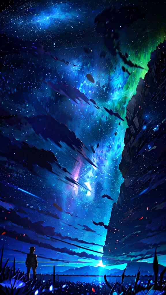 expansive landscape photography, (a view from below showing the sky above and the open field below), a boy standing in a field of flowers looking up, (full moon: 1.2), (shooting stars: 0.9), (nebula: 1.3), distant mountain, tree BREAK production art, (hot light source: 1.2), (Firefly: 1.2), lamp, very purple and orange, complex details, volumetric lighting BREAK (masterpiece: 1.2), (best quality), 4k, ultra-detailed, (dynamic composition: 1.4), highly detailed color details (iridescent colors: 1.2), (bright lighting, atmospheric lighting), dreamy, magical, (solo: 1.2)