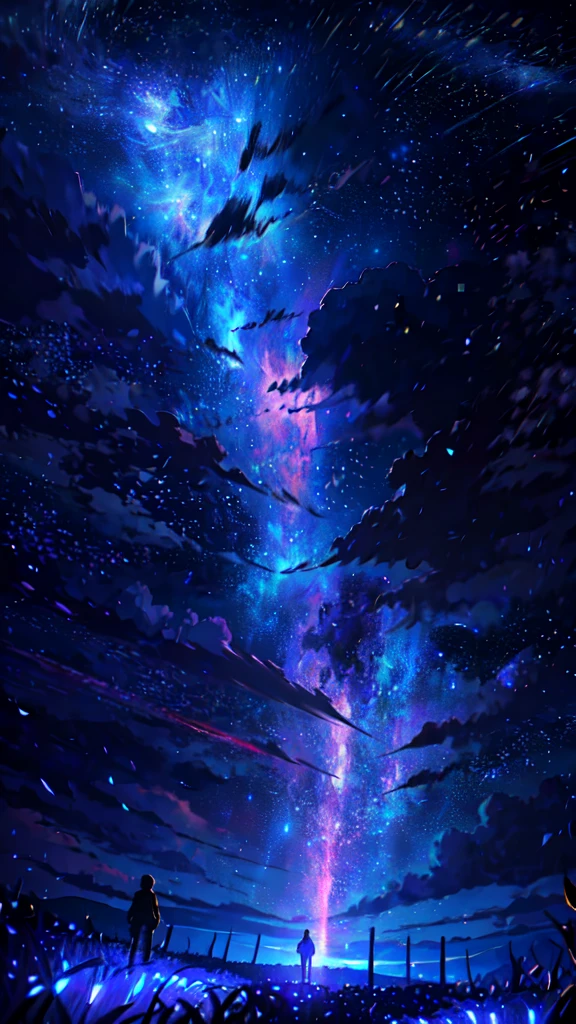 expansive landscape photography, (a view from below showing the sky above and the open field below), a boy standing in a field of flowers looking up, (full moon: 1.2), (shooting stars: 0.9), (nebula: 1.3), distant mountain, tree BREAK production art, (hot light source: 1.2), (Firefly: 1.2), lamp, very purple and orange, complex details, volumetric lighting BREAK (masterpiece: 1.2), (best quality), 4k, ultra-detailed, (dynamic composition: 1.4), highly detailed color details (iridescent colors: 1.2), (bright lighting, atmospheric lighting), dreamy, magical, (solo: 1.2)