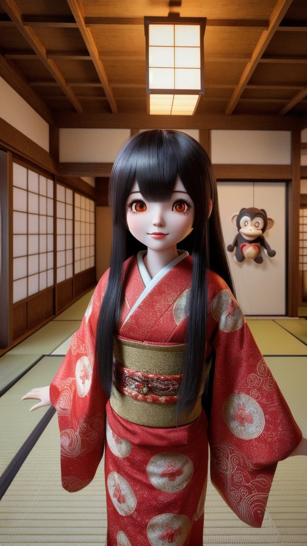 There is a doll in the room、There is a monkey on the wall, 3d model of a japanese mascot, inspired by Nara Yoshitomo, render of a cute 3d anime girl, 3D Anime Real, Super Real Anime, Realistic Anime 3D Style, Anime-style 3D, 3d anime girl, japanese cgi