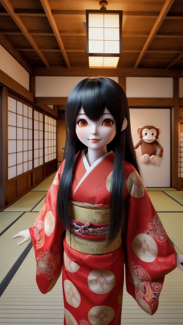 There is a doll in the room、There is a monkey on the wall, 3d model of a japanese mascot, inspired by Nara Yoshitomo, render of a cute 3d anime girl, 3D Anime Real, Super Real Anime, Realistic Anime 3D Style, Anime-style 3D, 3d anime girl, japanese cgi