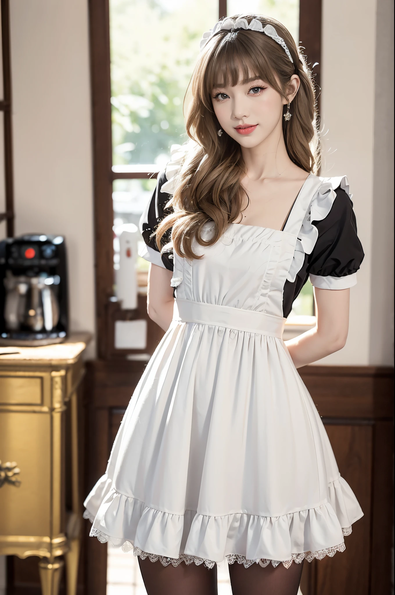 (((best quality))),(((ultra detailed))),(((masterpiece))),illustration,1girl,maid cafe,stunningly beautiful,slim,medium straight bob hair,flat chest,navel,deep captivating eyes,maid costume,see through lace apron,short hemline,bare arms,arms behind back,thighs,slender legs,pantyhose,graceful movements,confident charm,warm genuine smile,France cafe,delicious coffee pastries,warm inviting atmosphere,joyful eyes,Coffee Machine,upper body