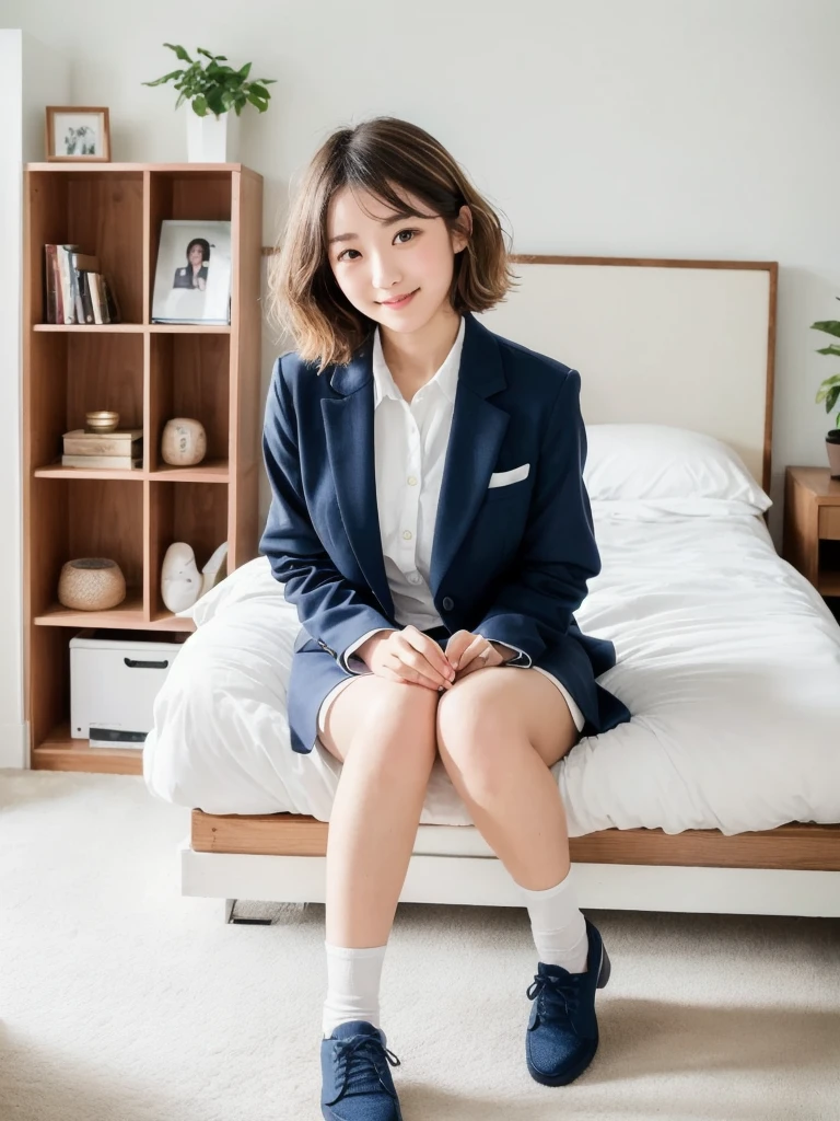 (Highest quality:1.9)、(High resolution)、Live-action image quality、((High school girls、1 person))、Soft lighting by a professional photographer、Natural light、((Very spacious white luxurious room:1.6))、((Bright white room:1.6))、(Sitting on a very luxurious white bed:1.2)、(White Bookcase:1.1)、(Sit with your knees bent)、bangs、Enlarge your eyes、Eyelashes、cute、Very cute natural soft light、((Brown hair color:1.1))、Fair skin、Detailed Eyes、double eyelid、Slightly puffy cheeks、((Small Face:1.0))、 ((Navy blue blazer uniform of Japanese girls' high school:1.5、Pink long sleeve buttoned shirt、Please wear your shirt open at the chest:1.1、Gray checkered uniform miniskirt))、Live-action image quality、E cup bust、Cleavage、(smile)、((Girly pose 1.8))、((Full Body Shot:1.2))、((Height: 150cm))、Hands in front、Hide your hands between your legs、The shirt buttons are white