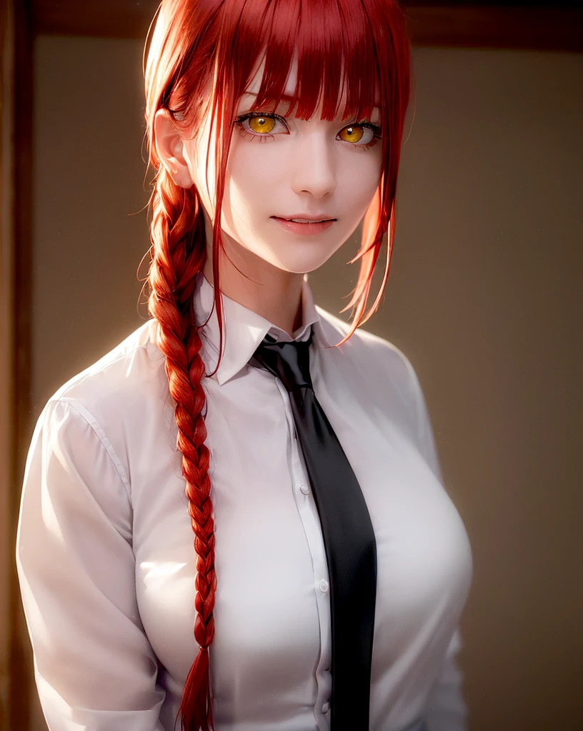masterpiece, (photorealistic:1.4), best quality, beautiful lighting, , makima \(chainsaw man\), (red hair)+(long braided hair)+(bangs), yellow eyes, golden eyes, (ringed eyes), (white shirt), (necktie), RAW photo, 8k uhd, film grain, looking at the viewers with a smile, in the middle of the frame