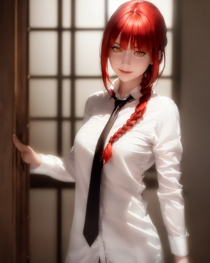 masterpiece, (photorealistic:1.4), best quality, beautiful lighting, , makima \(chainsaw man\), (red hair)+(long braided hair)+(bangs), yellow eyes, golden eyes, (ringed eyes), (white shirt), (necktie), RAW photo, 8k uhd, film grain, looking at the viewers with a smile, in the middle of the frame