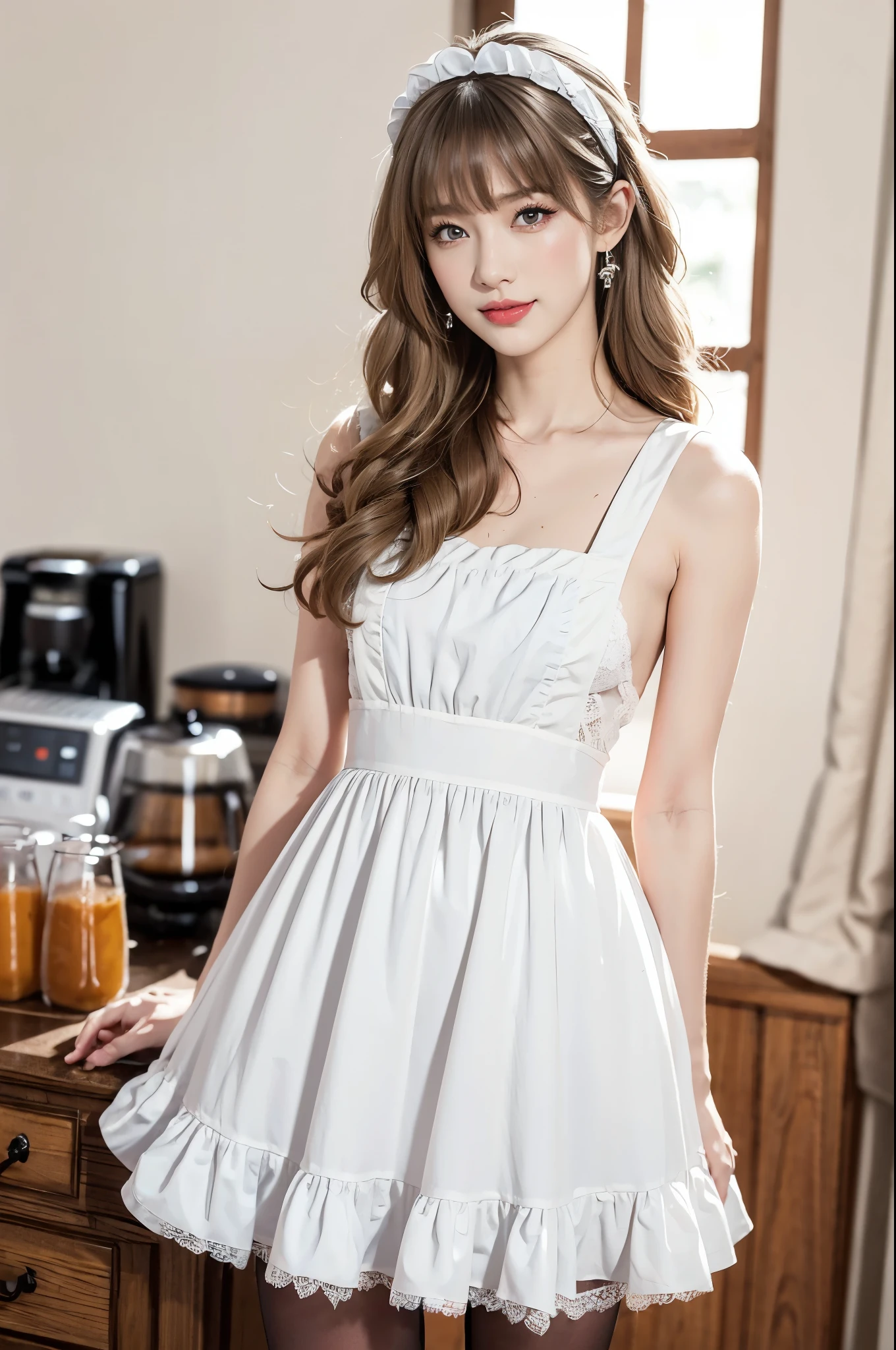 (((best quality))),(((ultra detailed))),(((masterpiece))),illustration,1girl,maid cafe,stunningly beautiful,slim,medium straight bob hair,flat chest,navel,deep captivating eyes,maid costume,see through lace apron,short hemline,bare arms,arms behind back,thighs,slender legs,pantyhose,graceful movements,confident charm,warm genuine smile,France cafe,delicious coffee pastries,warm inviting atmosphere,joyful eyes,Coffee Machine,upper body