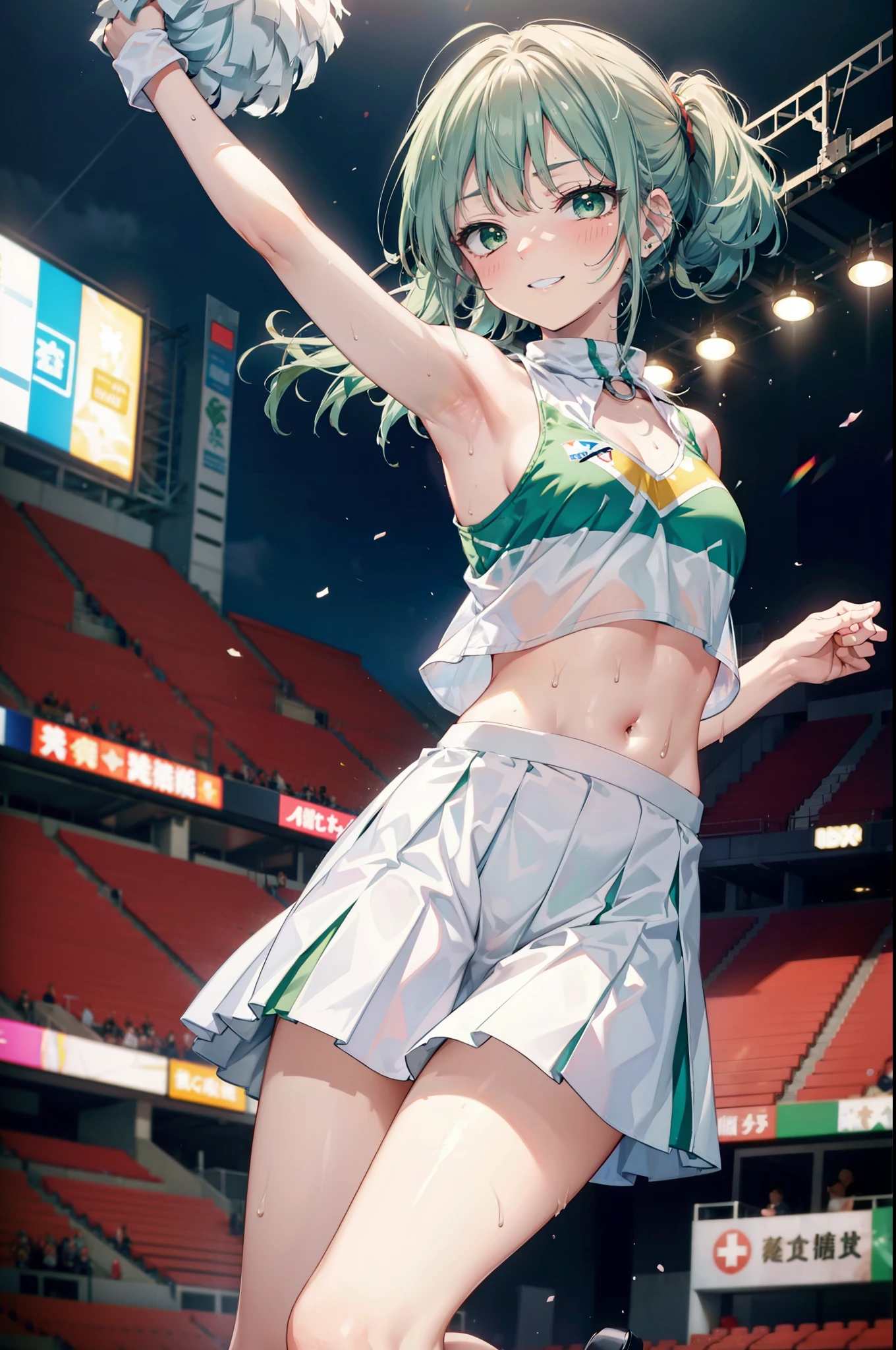 index, index,Silver Hair, (Green Eyes:1.5),Long Hair, (Flat Chest:1.2),Grin,tooth,Daytime,sunny,
,(cheer leading), (whole body), Lower, (Sweaty), Sweaty Wet Clothes, (White clothes),Sleeveless, Pleated skirt,Black socks,sneakers, Belly button support, playground, (Jump), (Jump), 足を曲げてJumpする, air, blue sky, Grass原, smile,Cheerleader, Pom-pom \(cheer leading\)have, Grass, smile, whole bodyがイラストに入るように,
break looking at viewer, whole body,(Cowboy Shot:1. 5) ,
break indoors, Stadium,crowd, people々々々,A packed audience,
break (masterpiece:1.2), Highest quality, High resolution, unity 8k wallpaper, (shape:0.8), (Beautiful and beautiful eyes:1.6), Highly detailed face, Perfect lighting, Extremely detailed CG, (Perfect hands, Perfect Anatomy),