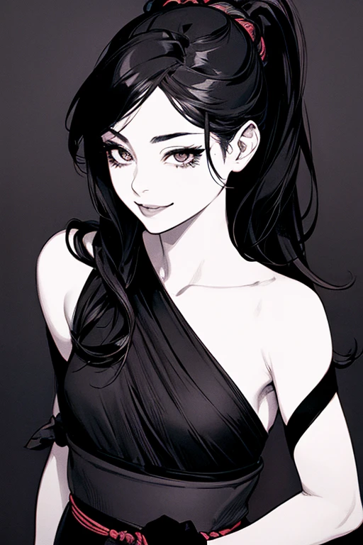Highest quality, (Background details), High Contrast, Very beautiful woman, Detailed original illustrations、Functional、Small breasts、Kunoichi、washcloth、Delicate face、Black Hair、Fascinating、Villainess、sexy、Real breasts、Crazy Smile, Crazy Eyes, Head close-up, Black Ninja Costume, Black background, (Black background: 1.5), Beautiful line art、Monochrome、Black and White