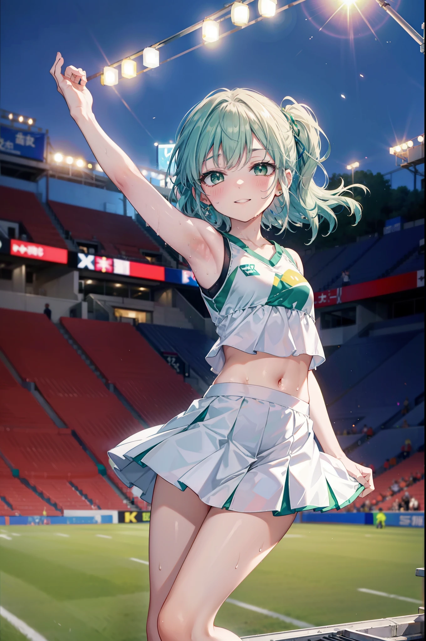 index, index,Silver Hair, (Green Eyes:1.5),Long Hair, (Flat Chest:1.2),Grin,tooth,Daytime,sunny,
,(cheer leading), (whole body), Lower, (Sweaty), Sweaty Wet Clothes, (White clothes),Sleeveless, Pleated skirt,Black socks,sneakers, Belly button support, playground, (Jump), (Jump), 足を曲げてJumpする, air, blue sky, Grass原, smile,Cheerleader, Pom-pom \(cheer leading\)have, Grass, smile, whole bodyがイラストに入るように,
break looking at viewer, whole body,(Cowboy Shot:1. 5) ,
break indoors, Stadium,crowd, people々々々,A packed audience,
break (masterpiece:1.2), Highest quality, High resolution, unity 8k wallpaper, (shape:0.8), (Beautiful and beautiful eyes:1.6), Highly detailed face, Perfect lighting, Extremely detailed CG, (Perfect hands, Perfect Anatomy),