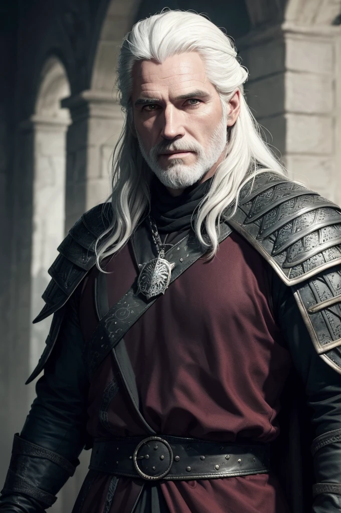 Henri cavil no papel de Geralt rivia,shoulder length white hair full white beard clothes of a black and red targaryen king with the targaryen symbol wearing an Aegon Conqueror crown on his head 50 year old appearance