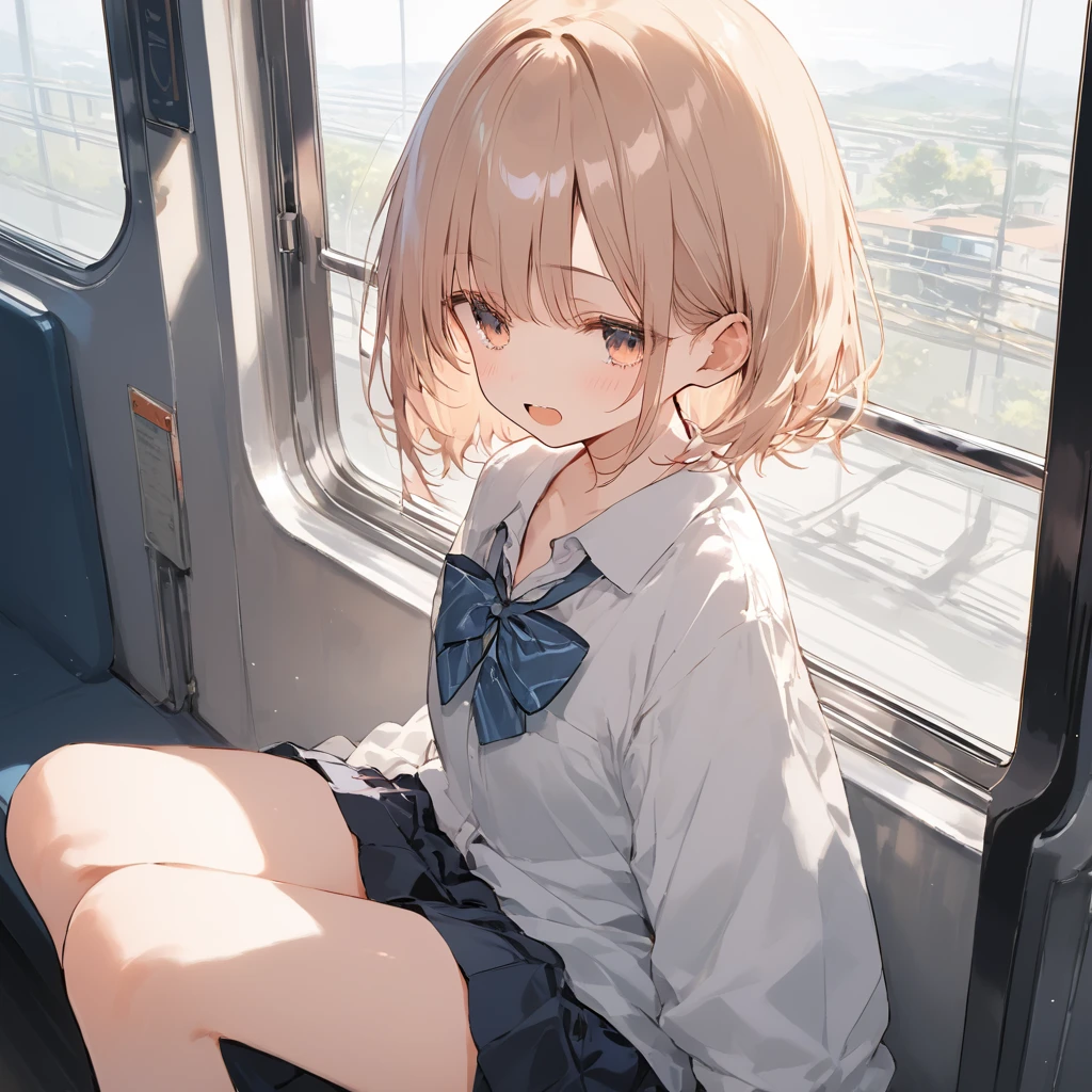 score_9, score_8_up, score_7_up, source_anime, best quality, masterpiece,ultra-detailed,official art, absurdres, highres, waifu2x, break,1girl, school girl, short hair, beautiful detailed eyes, sit, open mouth, (yawn:0.3), sleepily,night, train, break,(clear line illustration:1.2),very high resolution, very aesthetic, super detailed skin, Best sexual lighting powered by famous artist, 8k,ero picture,beauty illustration,photoshop_(medium),,(Detailed Lighting),