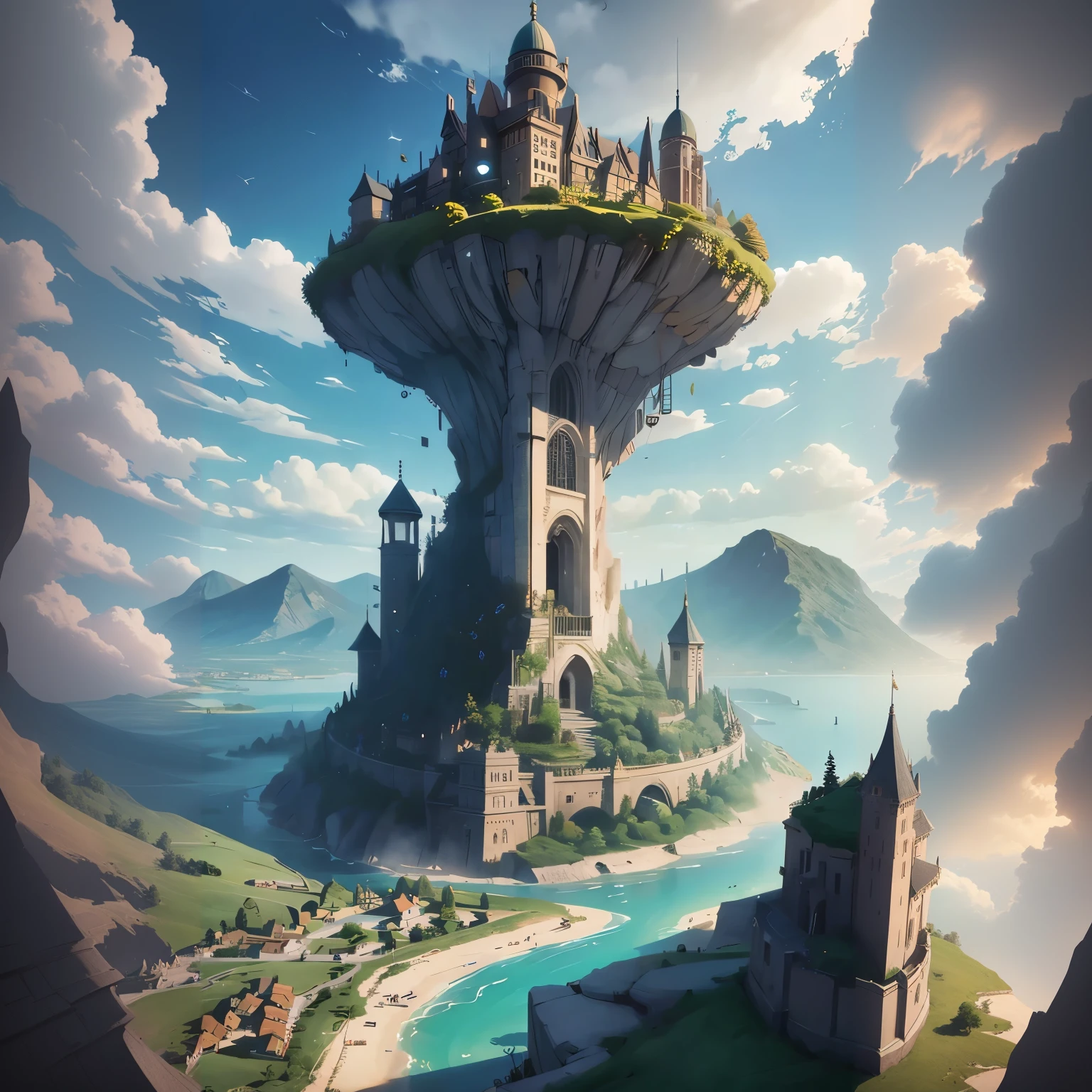 there is a castle on a hill with a river in the foreground, unreal engine fantasy art, stylized concept art, 4k fantasy art, an immense floating castle, giant medieval tower concept art, fantasy art behance, epic fantasy digital art style, realistic fantasy illustration, fantasyconcept art, andreas rocha style, rolands zilvinskis 3d render art
