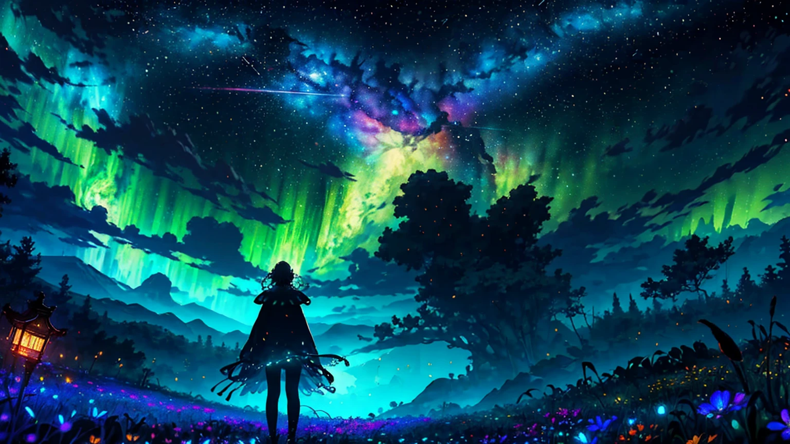 Wide Landscape Photos, (Looking from the bottom up, The sky is above, There is open space below), (Warring States Period girl standing in the flower field), (Full moon: 1.2), (meteor: 0.9), (nebula: 1.3), Distant Mountains , The tree,Handmade art, (暖lamp: 1.2), (firefly: 1.2), lamp, Lots of purple and orange, Intricate details, Volumetric LightingBREAK (masterpiece: 1.2), (Best quality), 4K, Extremely detailed, (Dynamic Combination: 1.4), Rich in details,Colorful, (Rainbow Colors: 1.2), (glow, Ambient Lighting), Like a dream, magic, (Solitary: 1.2)