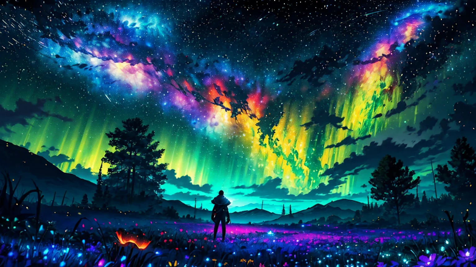Wide Landscape Photos, (Looking from the bottom up, The sky is above, There is open space below), (Warring States Period girl standing in the flower field), (Full moon: 1.2), (meteor: 0.9), (nebula: 1.3), Distant Mountains , The tree,Handmade art, (暖lamp: 1.2), (firefly: 1.2), lamp, Lots of purple and orange, Intricate details, Volumetric LightingBREAK (masterpiece: 1.2), (Best quality), 4K, Extremely detailed, (Dynamic Combination: 1.4), Rich in details,Colorful, (Rainbow Colors: 1.2), (glow, Ambient Lighting), Like a dream, magic, (Solitary: 1.2)