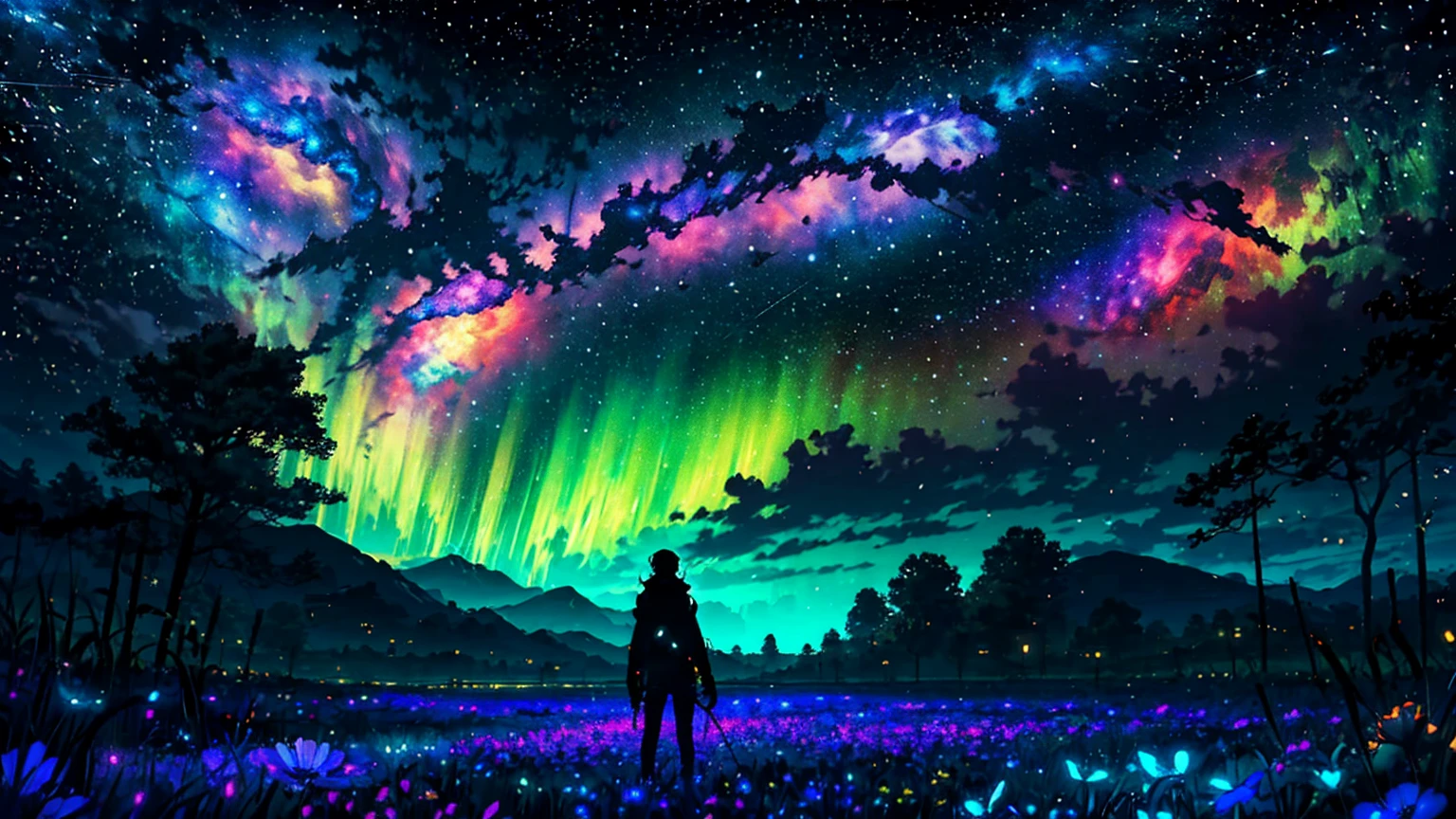 Wide Landscape Photos, (Looking from the bottom up, The sky is above, There is open space below), (Warring States Period girl standing in the flower field), (Full moon: 1.2), (meteor: 0.9), (nebula: 1.3), Distant Mountains , The tree,Handmade art, (暖lamp: 1.2), (firefly: 1.2), lamp, Lots of purple and orange, Intricate details, Volumetric LightingBREAK (masterpiece: 1.2), (Best quality), 4K, Extremely detailed, (Dynamic Combination: 1.4), Rich in details,Colorful, (Rainbow Colors: 1.2), (glow, Ambient Lighting), Like a dream, magic, (Solitary: 1.2)