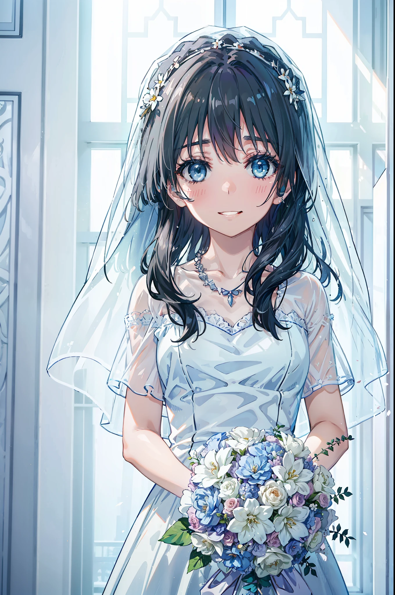 Okay, Saten Ruiko, Black Hair, blue eyes, Long Hair, hair ornaments, Floral decoration,Grin,smile,Veil,blush,Wedding dress,Off the shoulder,necklace,Wedding Skirts,Traveling with a large bouquet,Flower storm,
break indoor, Chapel,
break looking at viewer, Upper Body,whole body,(Cowboy Shot:1. 5) ,
break (masterpiece:1.2), Highest quality, High resolution, unity 8k wallpaper, (figure:0.8), (Beautiful attention to detail:1.6), Highly detailed face, Perfect lighting, Highly detailed CG, (Perfect hands, Perfect Anatomy),